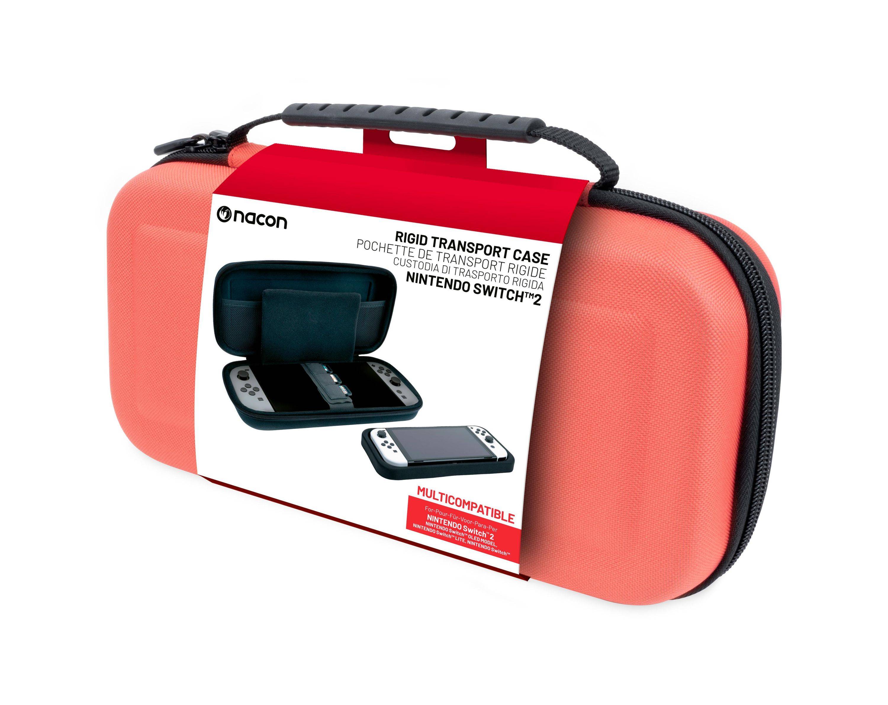 Rote Nintendo Switch 2 starre Transporttasche mit schwarzem Griff und Reißverschluss, gezeigt in Produktverpackung.
