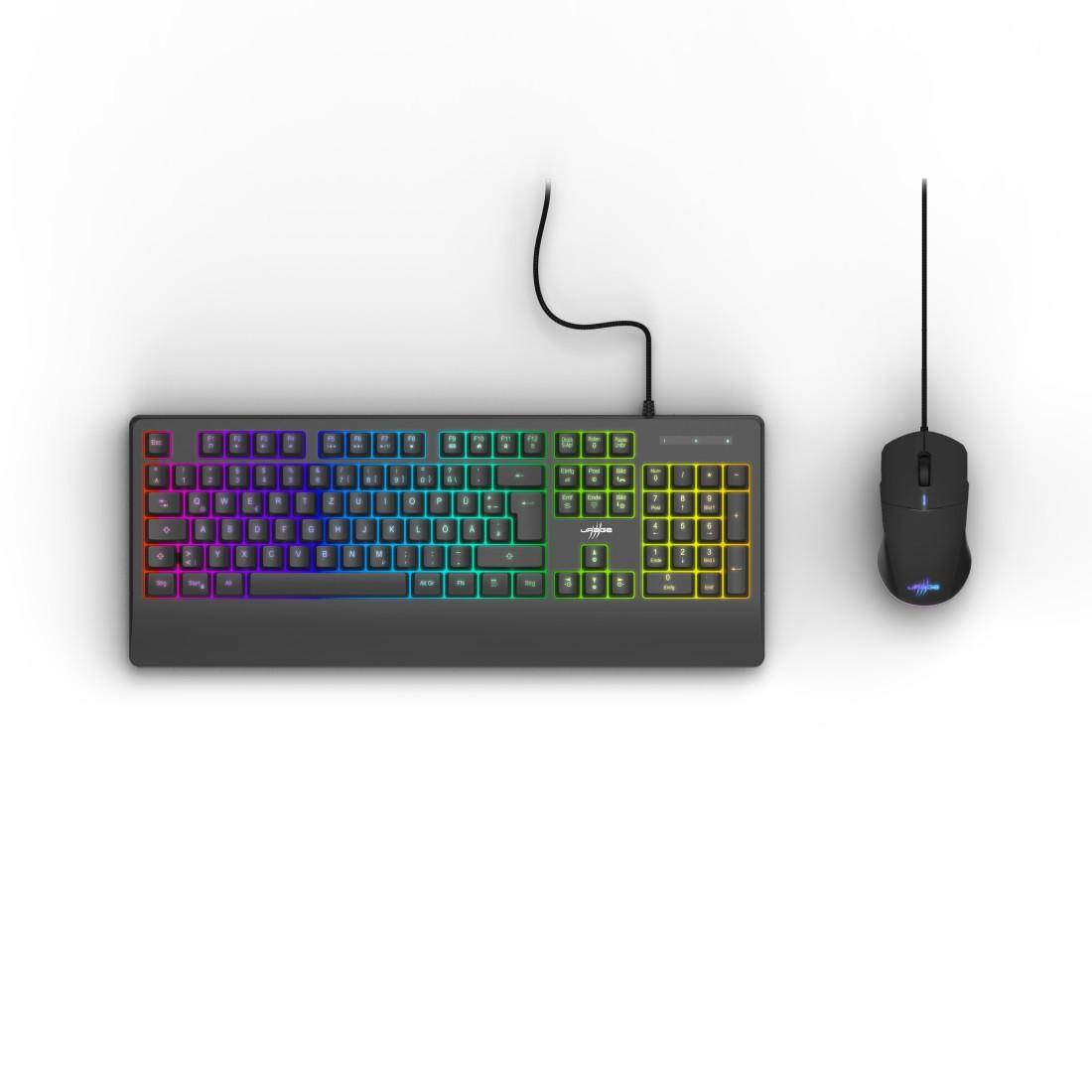 Draufsicht auf eine regenbogenfarbig hinterbeleuchtete Gaming-Tastatur mit kabelgebundener Maus auf weißem Hintergrund.