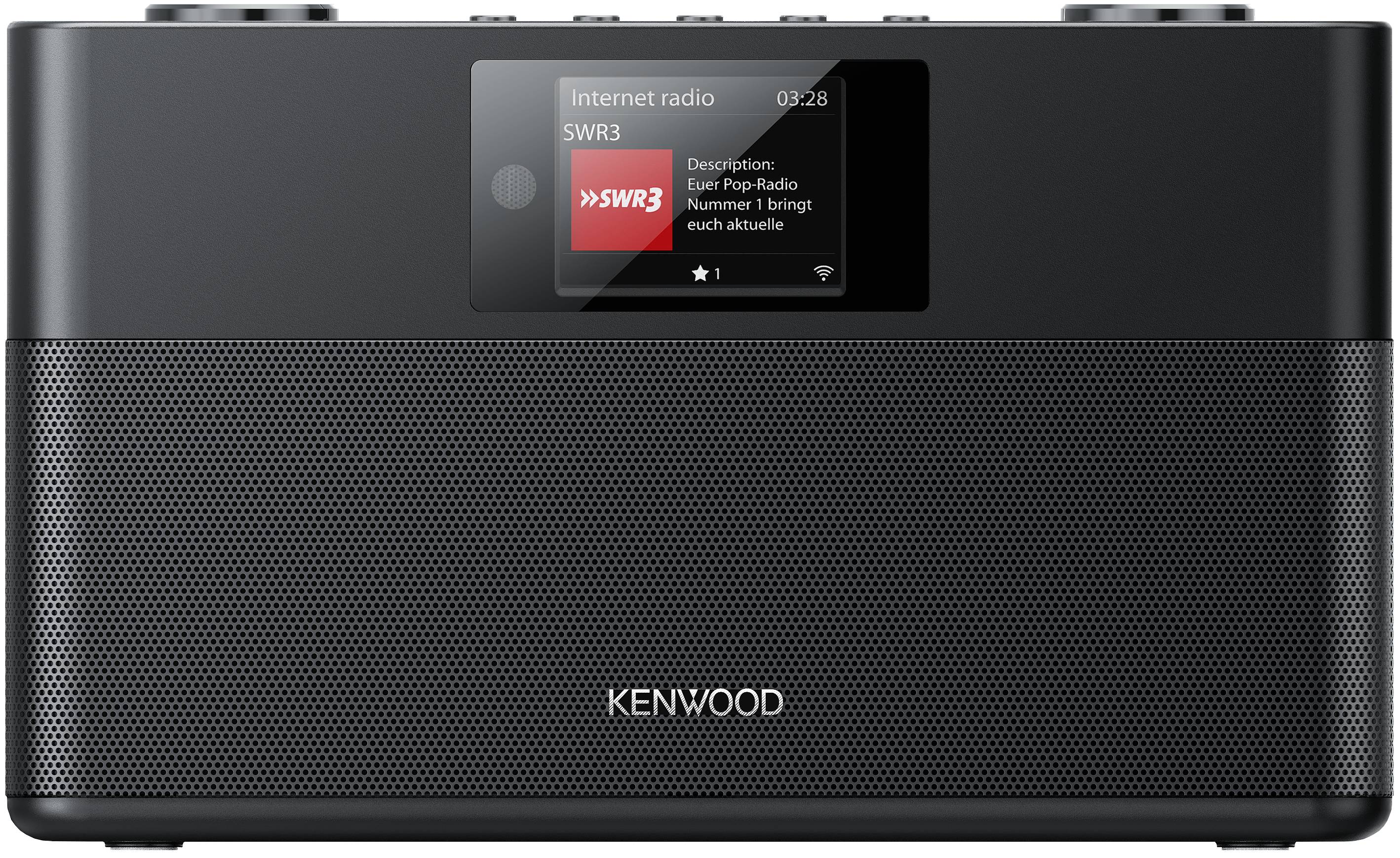 Schwarzer Kenwood-Internetradio-Lautsprecher mit kleinem Display, das SWR3 und „Beschreibung: Epp Pop-Radio Nummer 1 bringt euch aktuelle