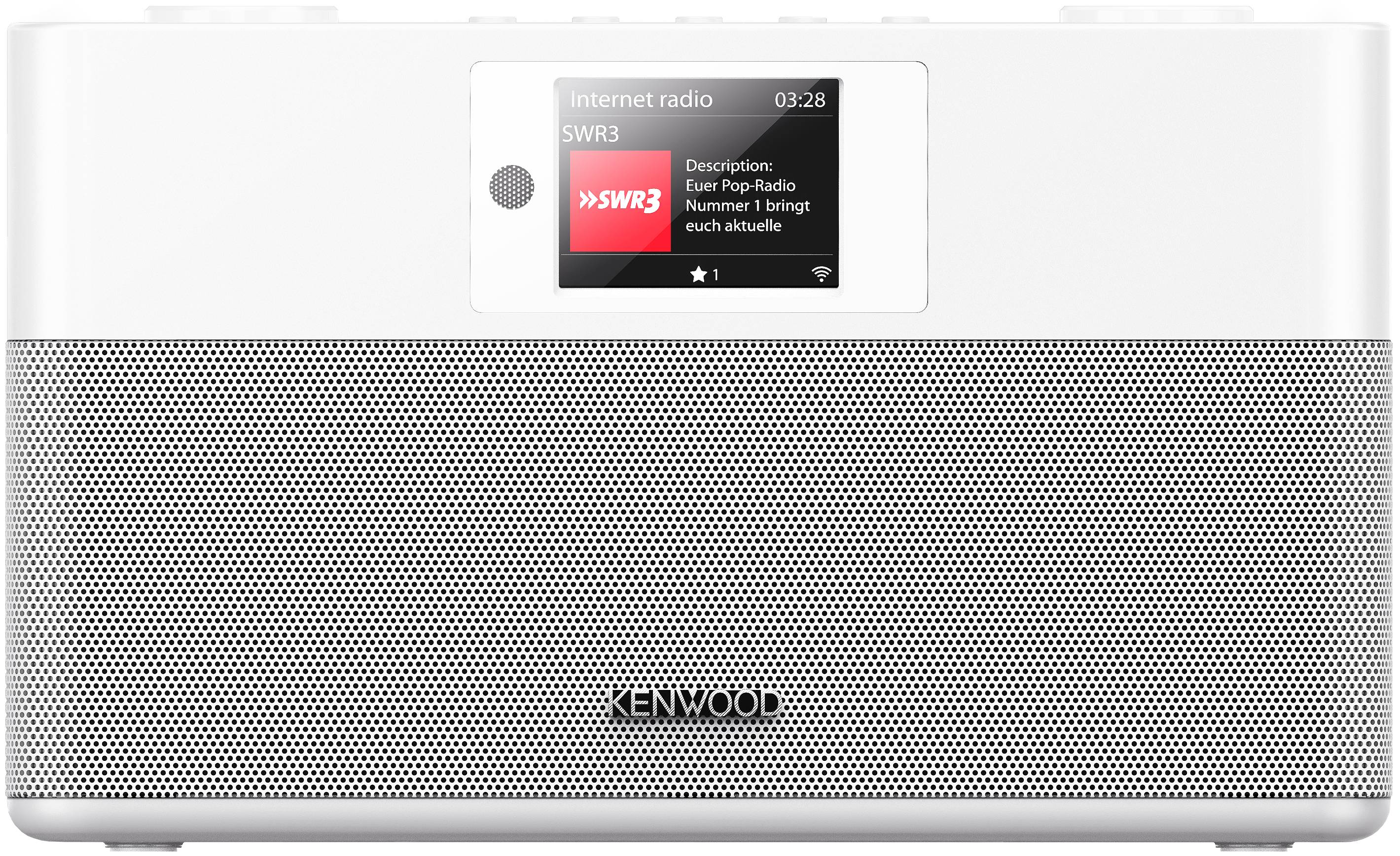 Weißes Kenwood-Internetradio mit kleinem Farbdisplay, das SWR3 und die aktuelle Uhrzeit anzeigt, über einem großen Lautsprechergitter.