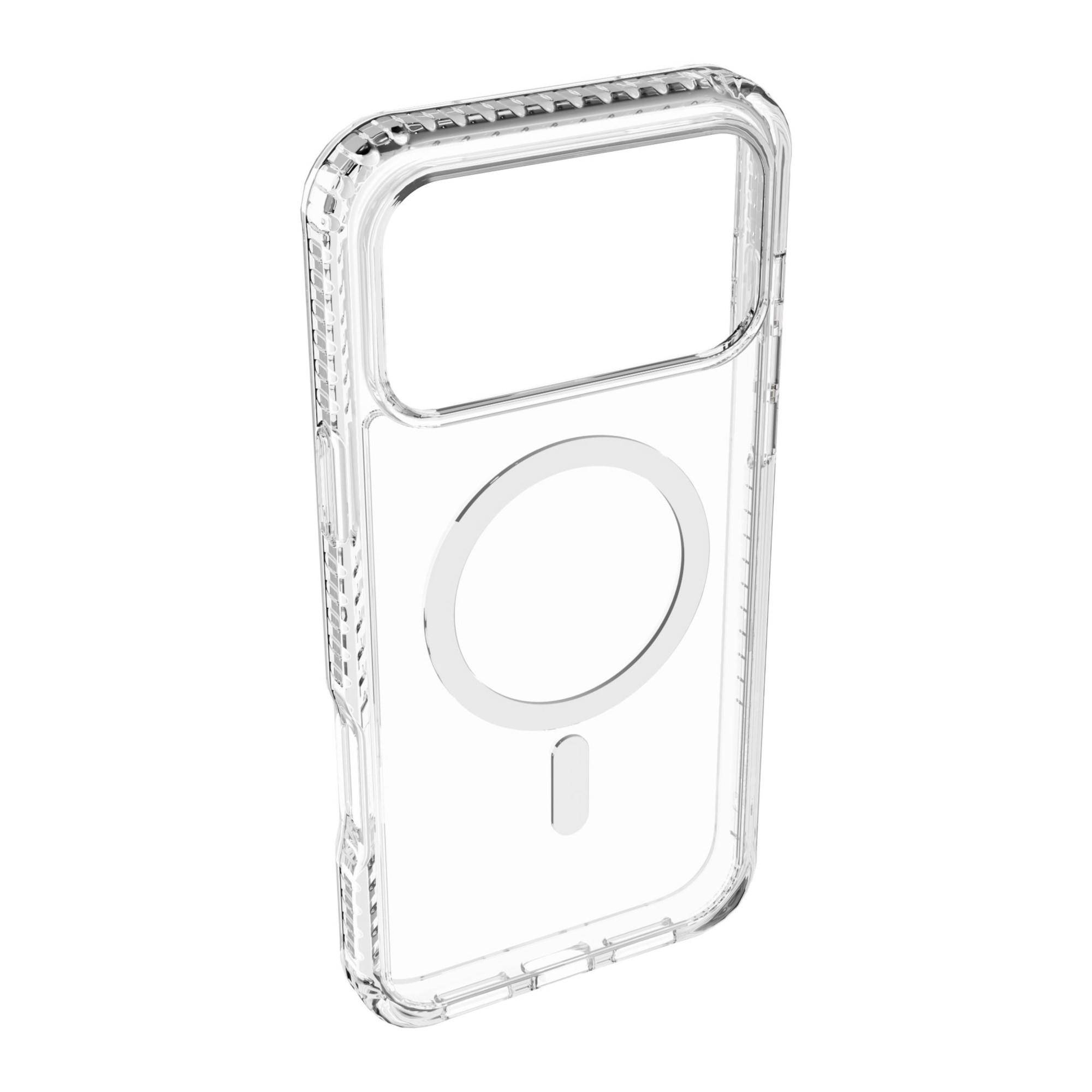 Transparente Schutzhandyhülle mit großem kreisförmigem MagSafe-ähnlichem Ring und Aussparung für das Kameramodul.