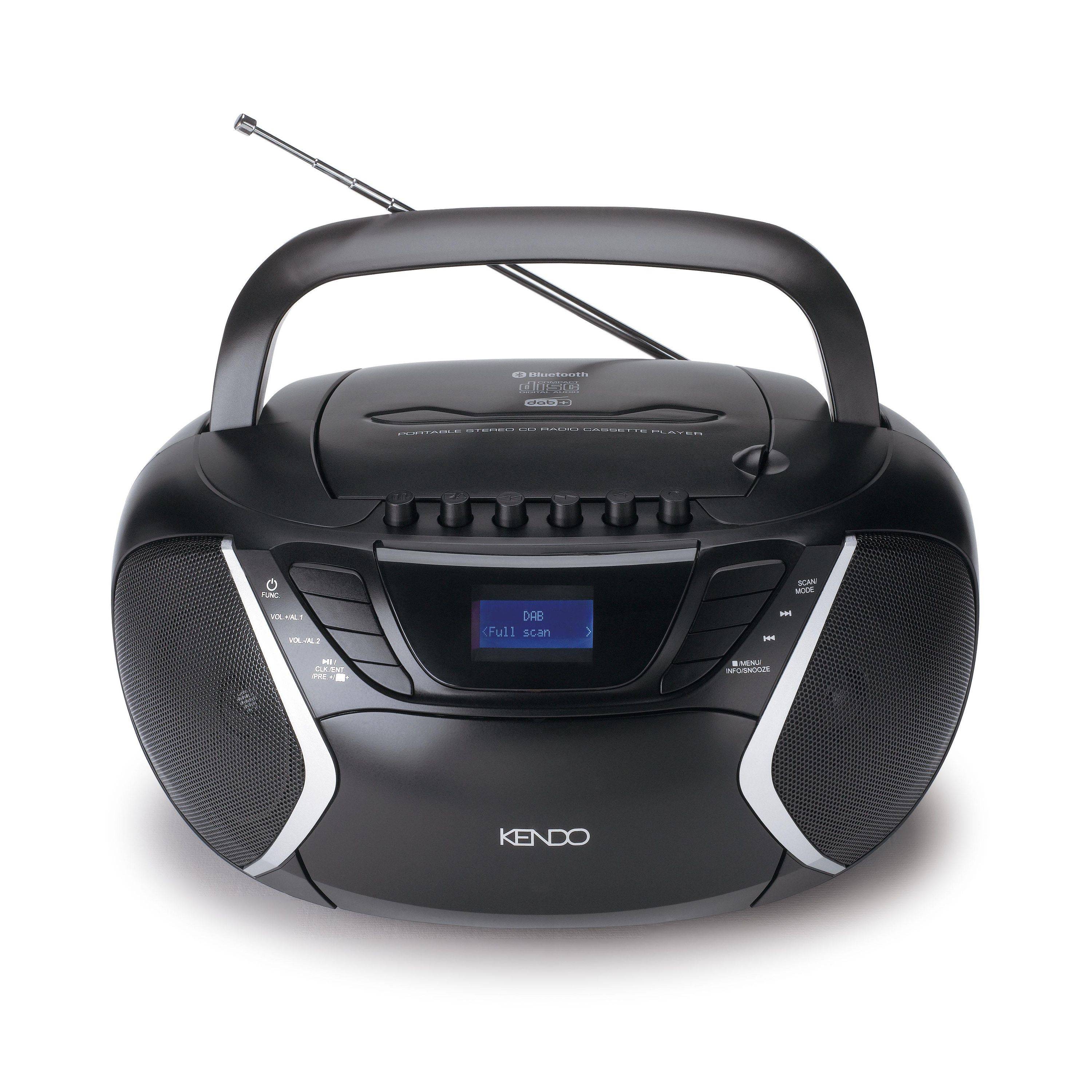 Tragbarer schwarzer Kendo-Boombox-Radio mit Antenne, Tragegriff, Lautsprechern und kleinem digitalen Display auf weißem Hintergrund