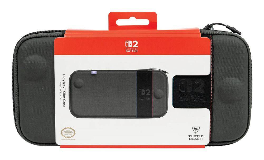 Nintendo Switch Tragetasche in Grau und Schwarz in Turtle Beach Verpackung mit sichtbarem Konsolenausschnitt und Reißverschlussverschluss.