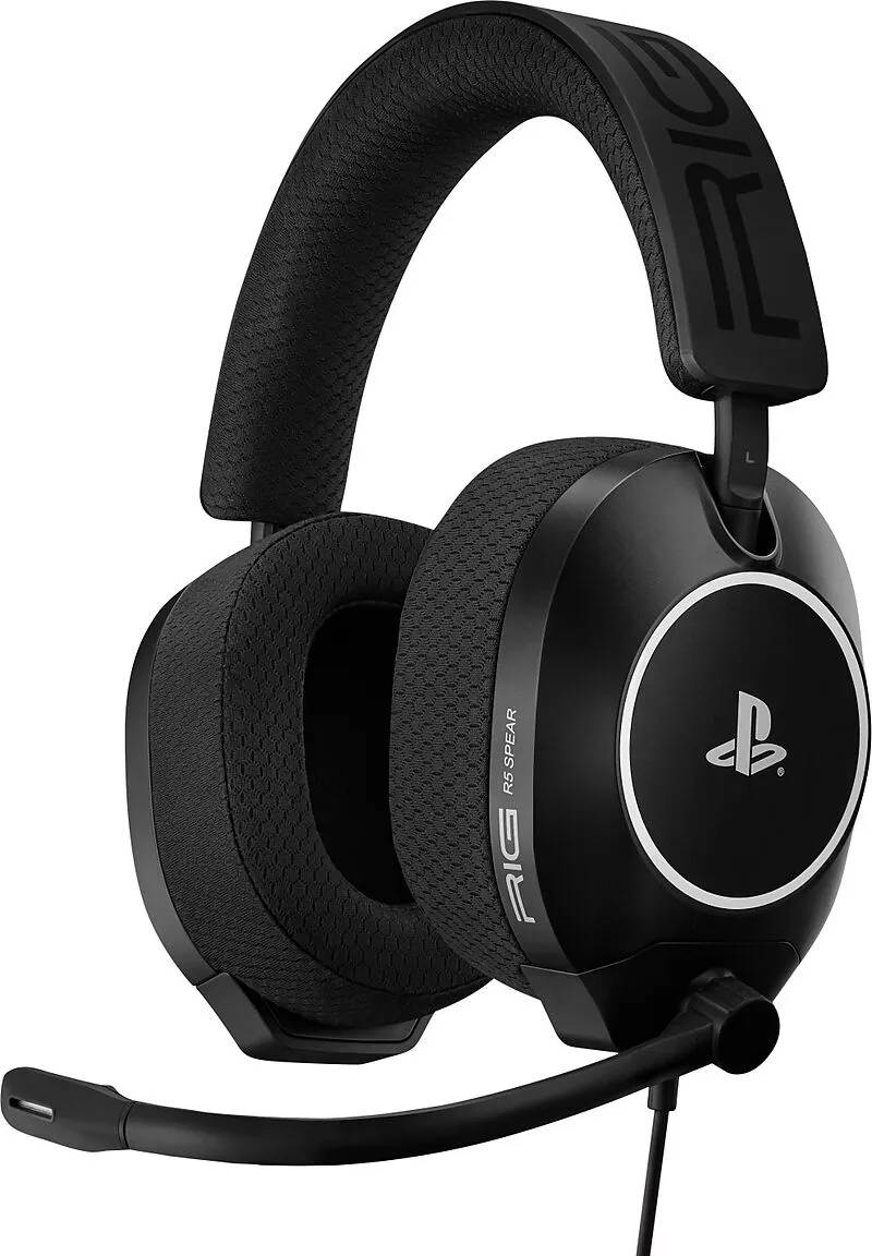 Schwarzes PlayStation-Gaming-Headset mit Boom-Mikrofon und gepolstertem Kopfbügel, dargestellt auf weißem Hintergrund.