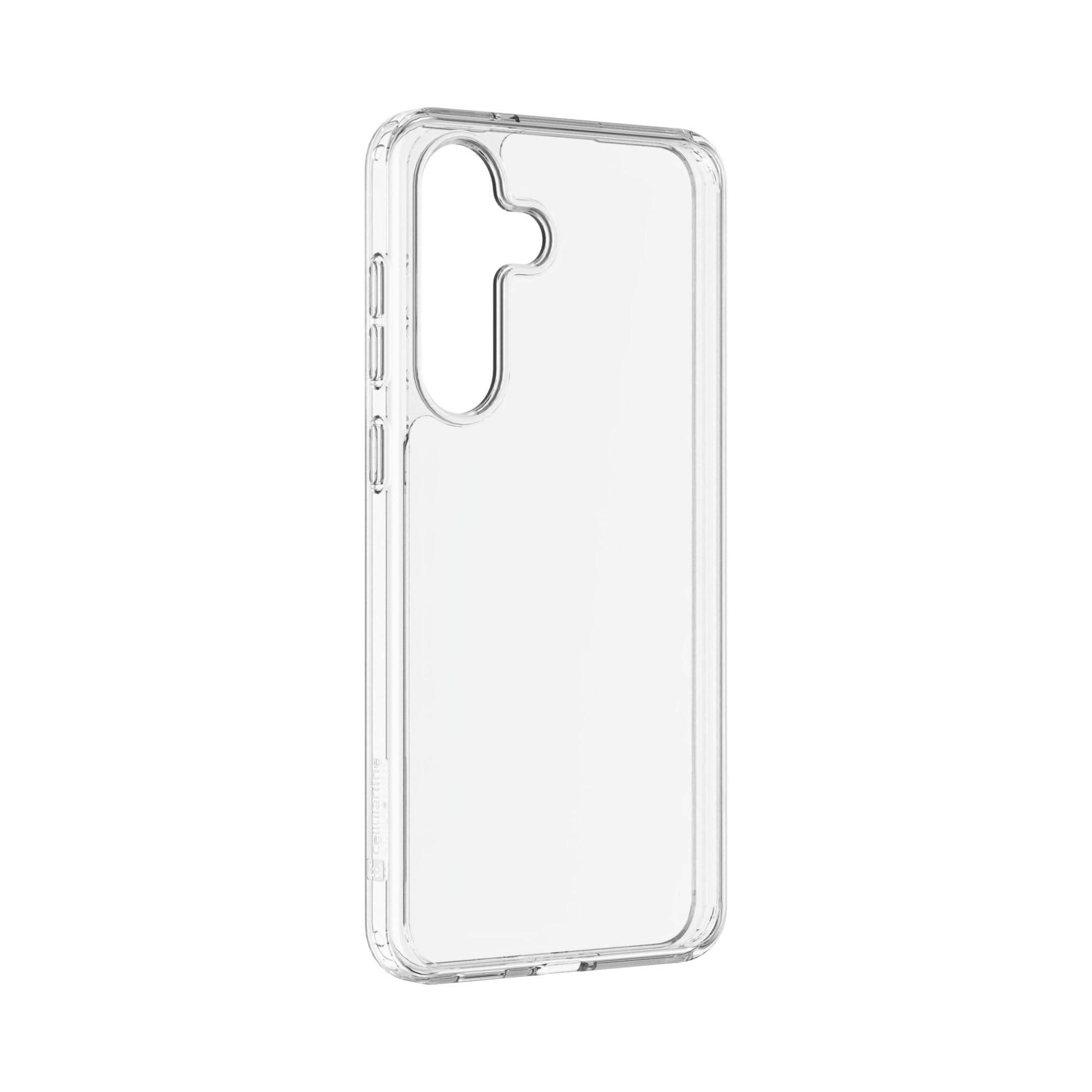 Klare transparente Smartphone-Schutzhülle mit Kameraausschnitt, auf weißem Hintergrund gezeigt.