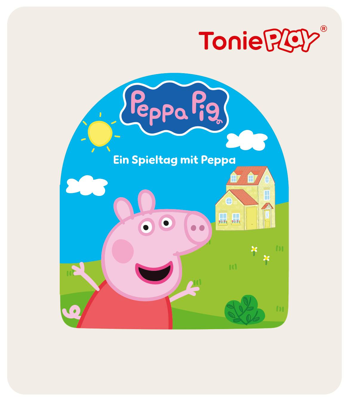 Tonieplay 'Peppa Pig' Spieleboxkunstwerk zeigt Peppa in einem sonnigen Hof mit dem Text 'Ein Spieltag mit Peppa'.
