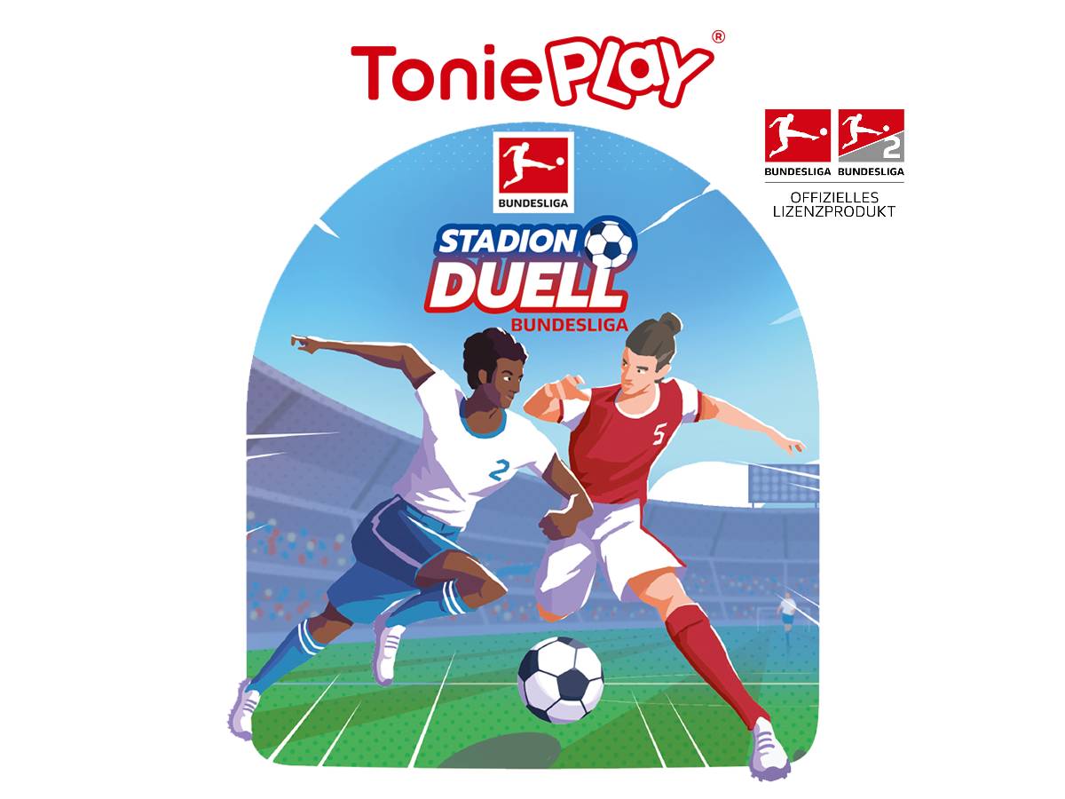 Tonieplay 'Stadion Duell Bundesliga' Spielabdeckung zeigt zwei Fußballspieler, die auf einem Stadionfeld um den Ball kämpfen.