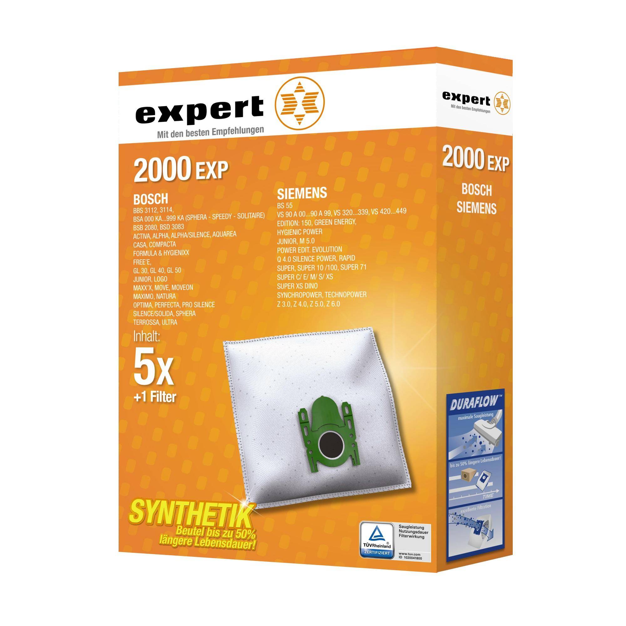 Orange-Verpackung 'expert' für Bosch/Siemens Staubsaugerbeutel, gekennzeichnet mit '2000 EXP', '5x +1 Filter' und 'Synthetik', mit Duraflow-Branding.