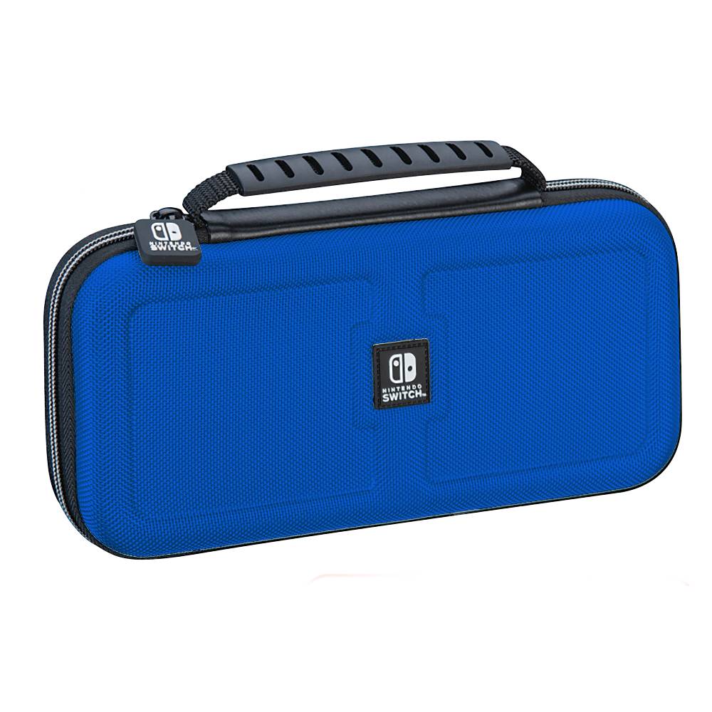 Blaue Nintendo Switch-Schutztasche mit schwarzem Griff und Reißverschluss auf weißem Hintergrund.