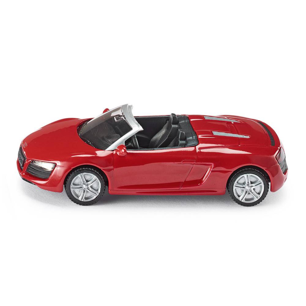 Rotes Cabrio-Sportwagenmodell auf weißem Hintergrund, in Seitenansicht dargestellt.