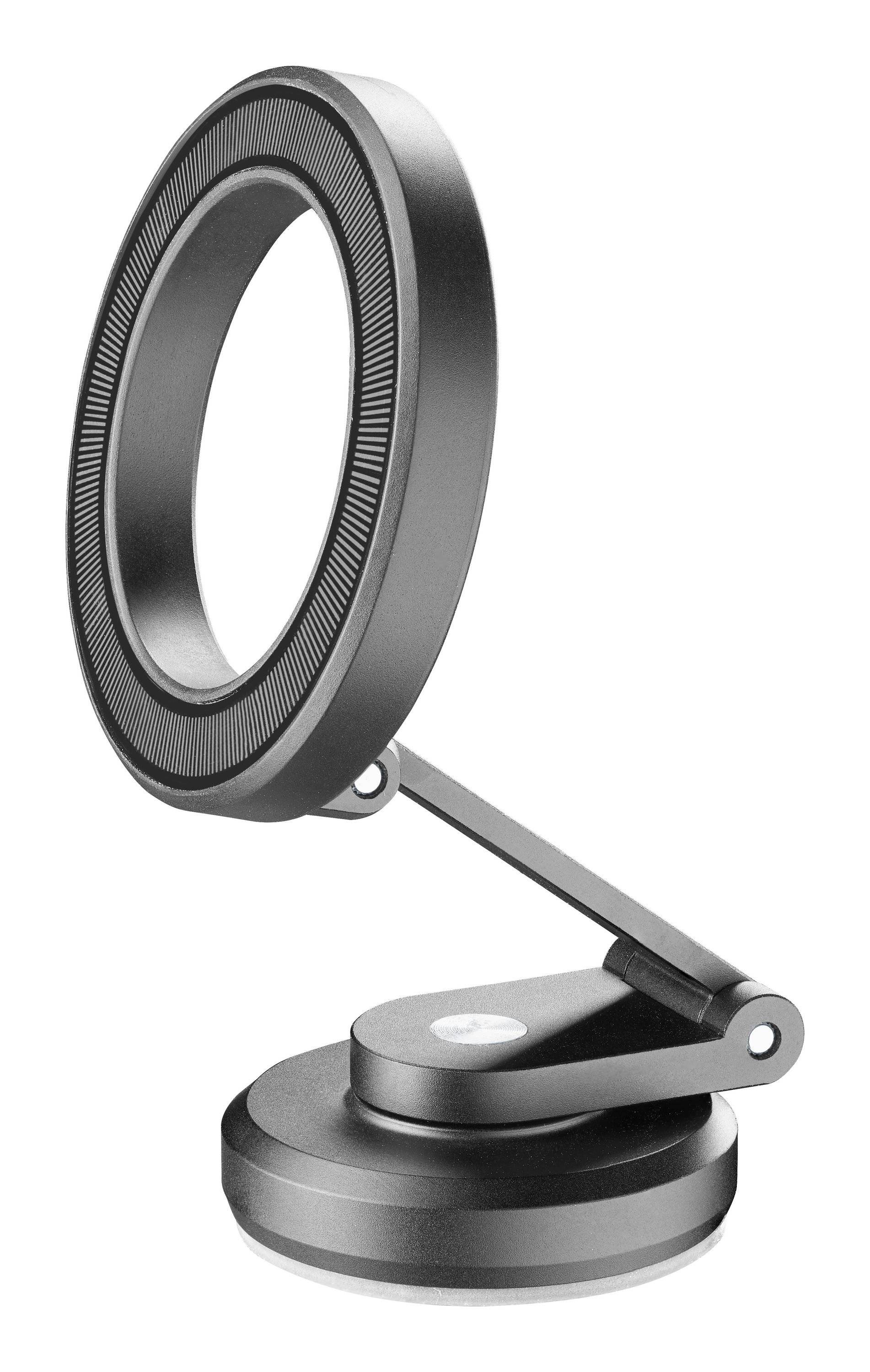 Eine moderne Schreibtischlampe mit einem großen kreisförmigen Ringlicht auf einem abgewinkelten Arm, der an einer runden Basis befestigt ist, auf weißem Hintergrund dargestellt.