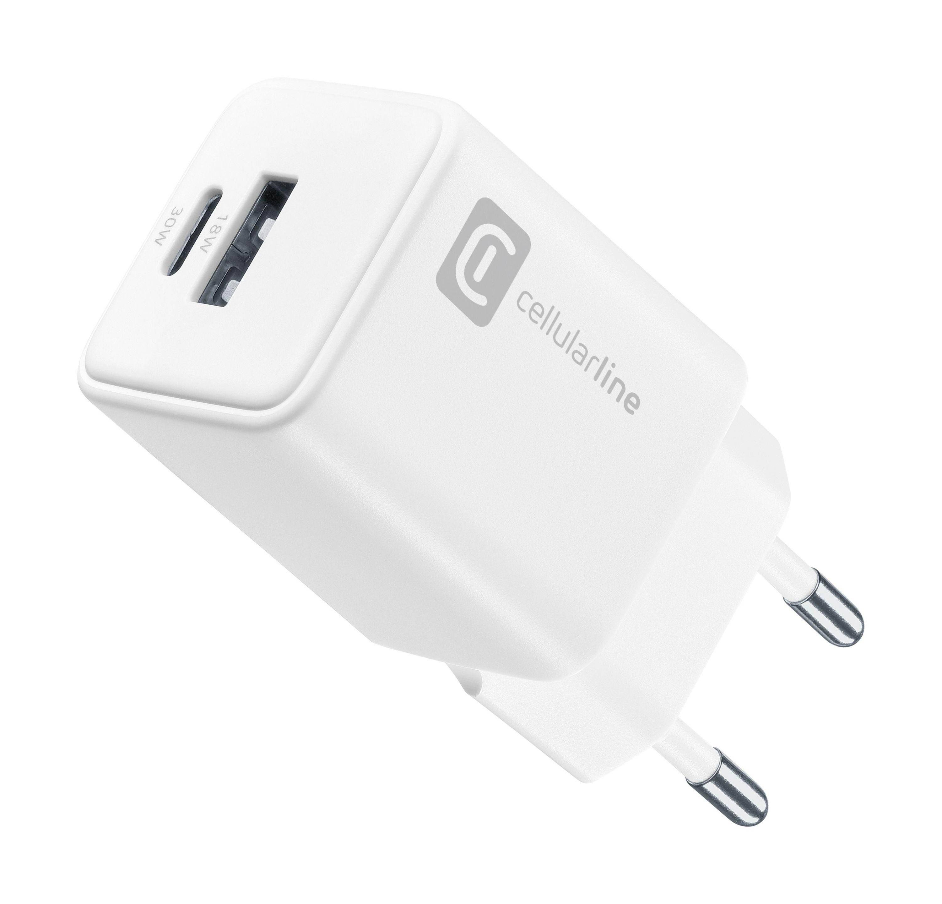 Weiß Cellulbrine USB-Wandladegerät mit einem USB-A-Anschluss und klappbarem europäischen Zwei-Pol-Stecker.