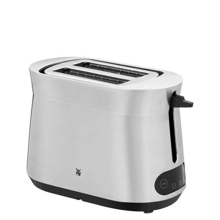 Edelstahltoaster für zwei Scheiben mit schwarzer Basis, Seitenhebel und vorderen Bedienelementen auf weißem Hintergrund.