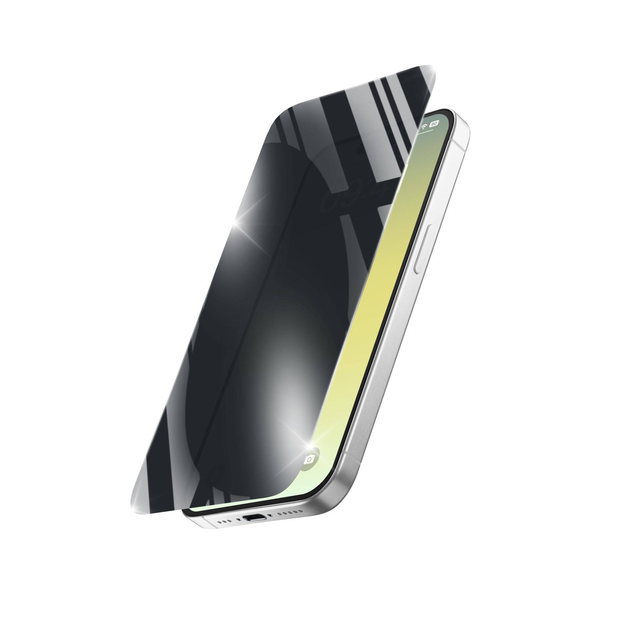 Smartphone mit schwarzem reflektierendem Displayschutz, der teilweise angehoben ist und die Kante und das Display des Telefons auf weißem Hintergrund zeigt.