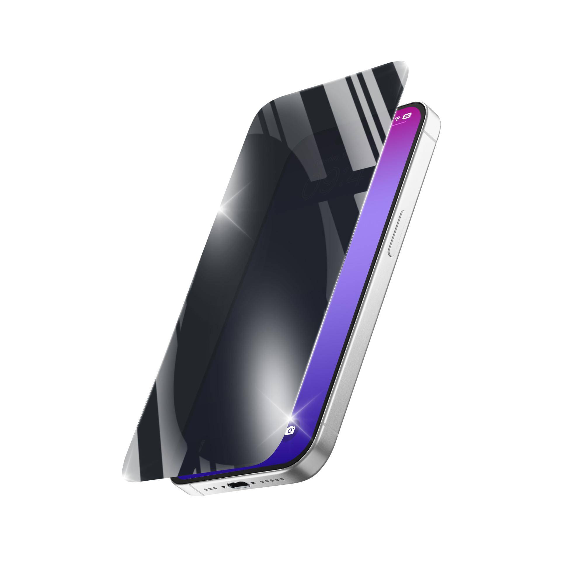 Smartphone mit einer glänzend schwarzen Displayschutzfolie, die teilweise zurückgepeelt ist und die silberne Kante des Telefons sowie das violette Display auf weißem Hintergrund zeigt.