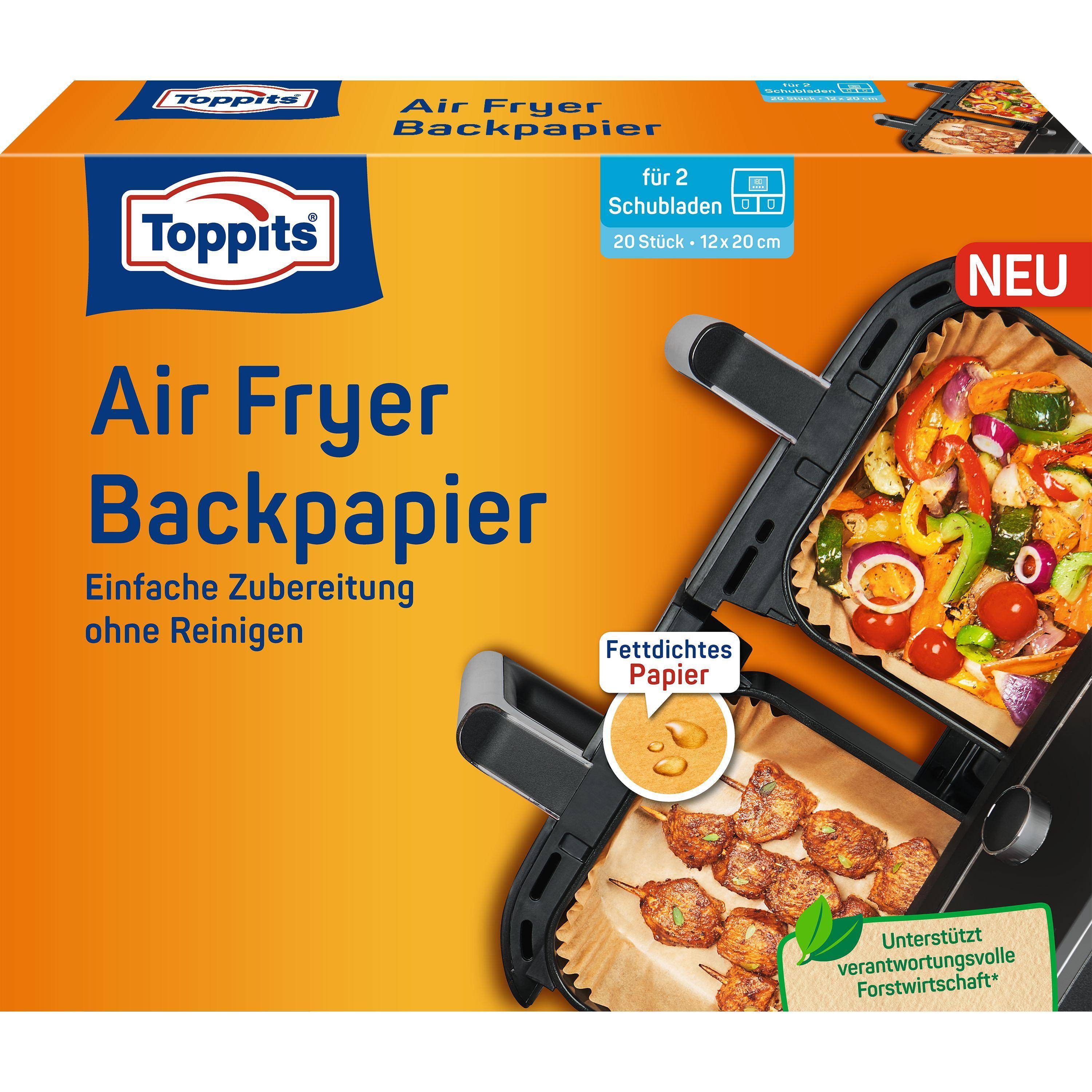 Toppits Luftfritteusen-Backpapier Paket mit zwei Luftfritteusen-Einlagen; das Etikett sagt „für 2 Schubladen