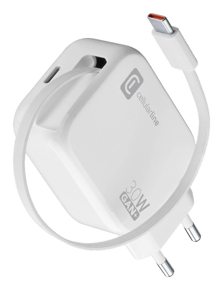 Weiße 30W Cellulaireline USB-C Wandladegerät mit angeschlossenem USB-C-Kabel und europäischem Stecker.