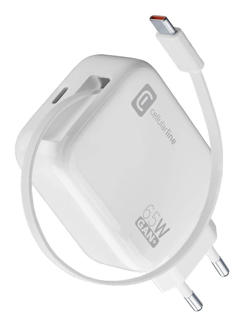Weißes Cellularline-Wandladegerät mit angeschlossenem USB-C-Kabel, gekennzeichnet mit 65W GAN, auf weißem Hintergrund abgebildet.