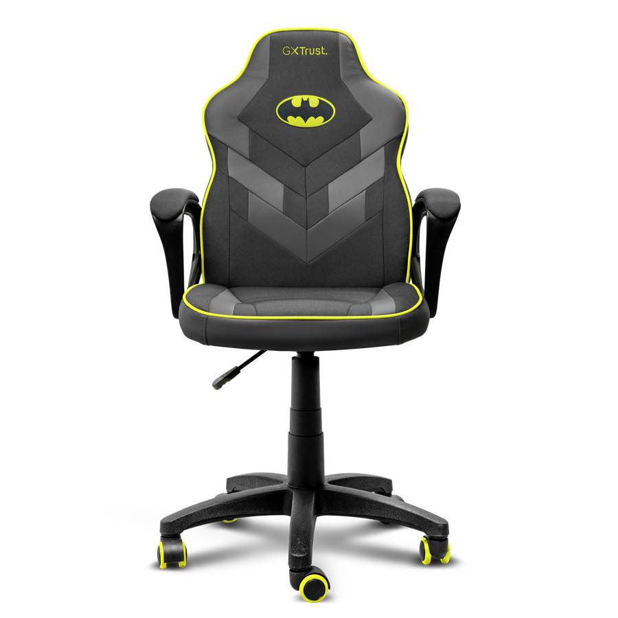 Schwarzer und grauer GXTrust Gaming-Stuhl mit Batman-Logo und neongelber Borte, Frontansicht auf schwarzem Hintergrund gezeigt.