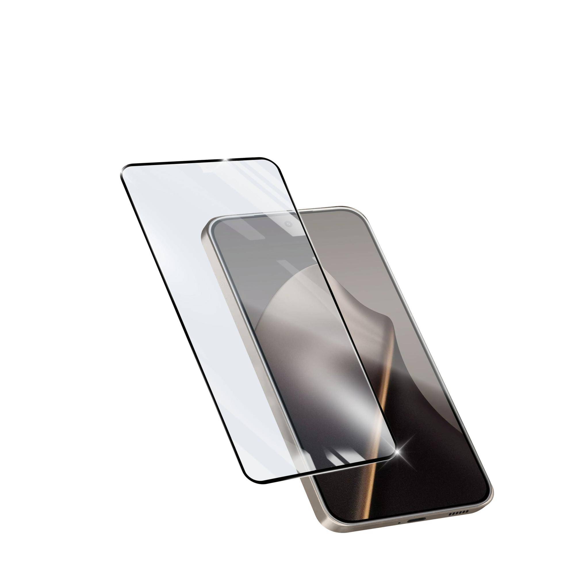 Smartphone mit einer klaren Schutzglasfolie, die darüber schwebt und ein Produktbild eines gehärteten Glasbildschirmschutzes zeigt.
