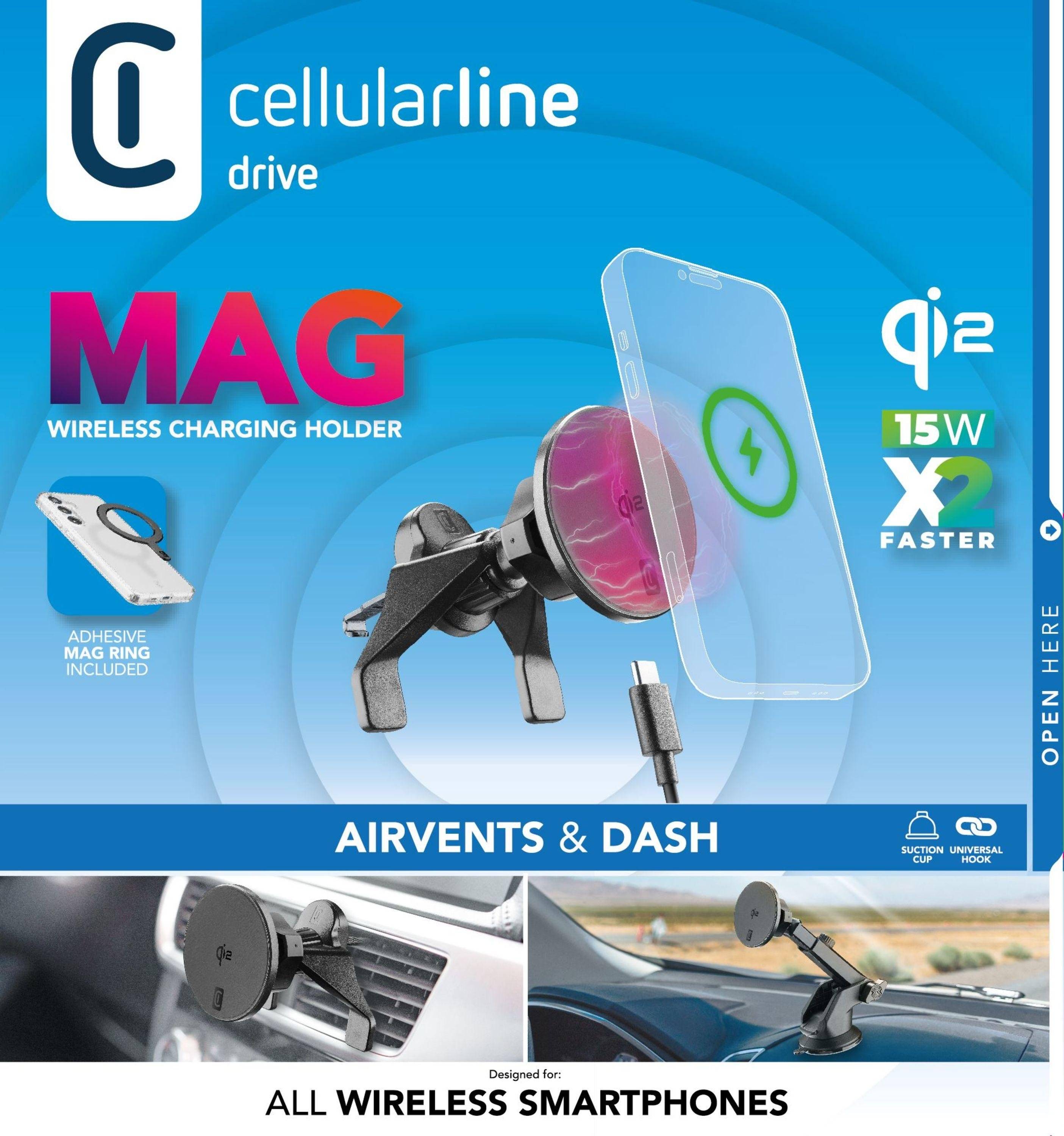 Cellularline Drive MAG kabelloses Ladegerät für Lüftungsschlitze und Armaturenbretter, Qi2 15W Schnellladung für alle Smartphones mit kabellosen Ladung, mit im Lieferumfang enthaltener selbstklebender Magnetring.