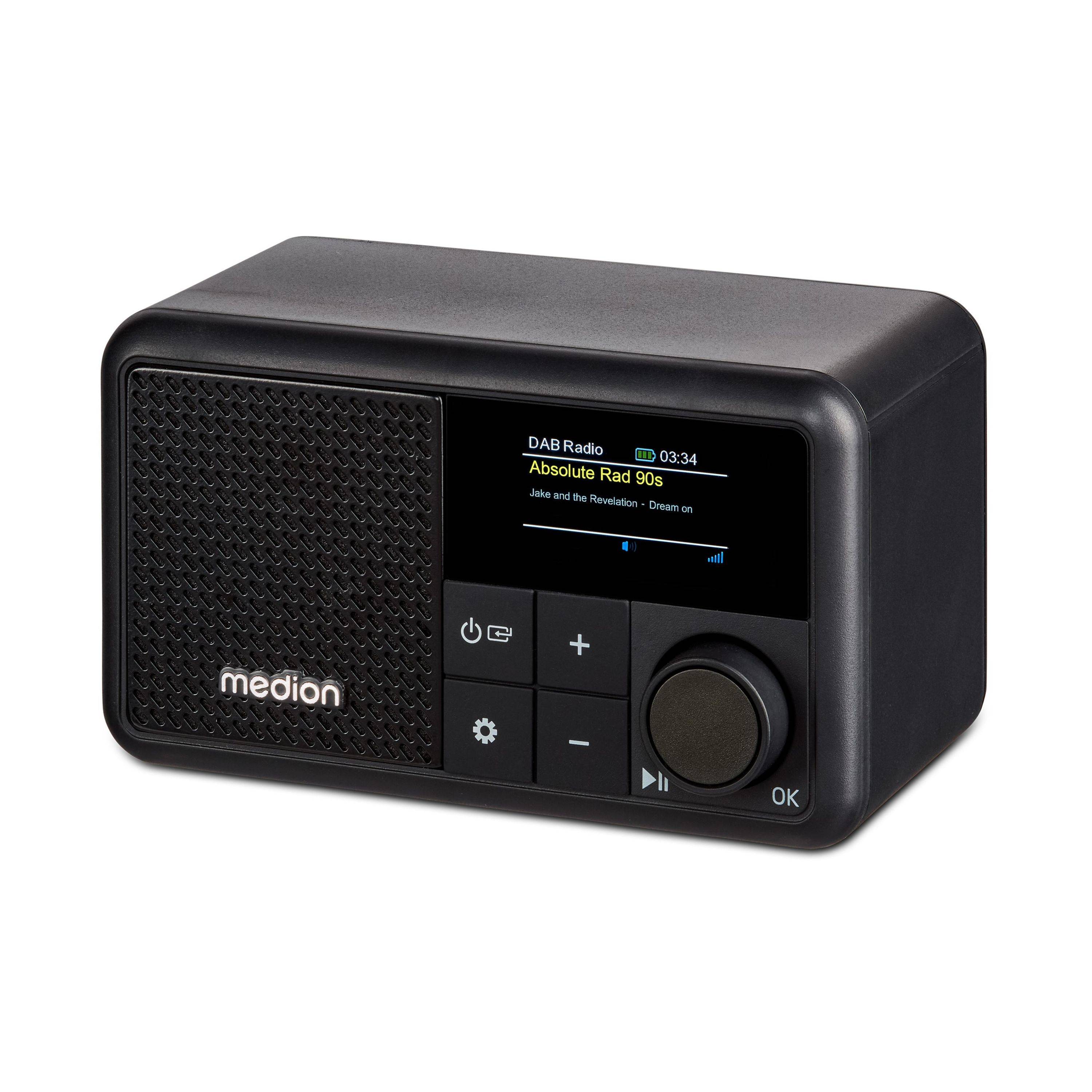 Schwarzes Medion-Tischradio mit Lautsprechergitter, kleines Display zeigt DAB-Radio „Absolute Red 90s