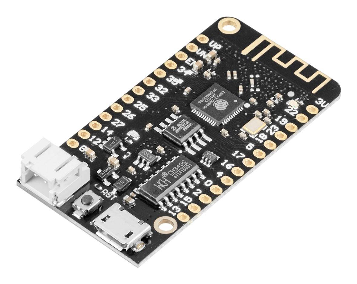 Schwarze Mikrocontroller-Platine mit USB- und Steckerports, beschriftete Anschlussfelder an den Rändern.