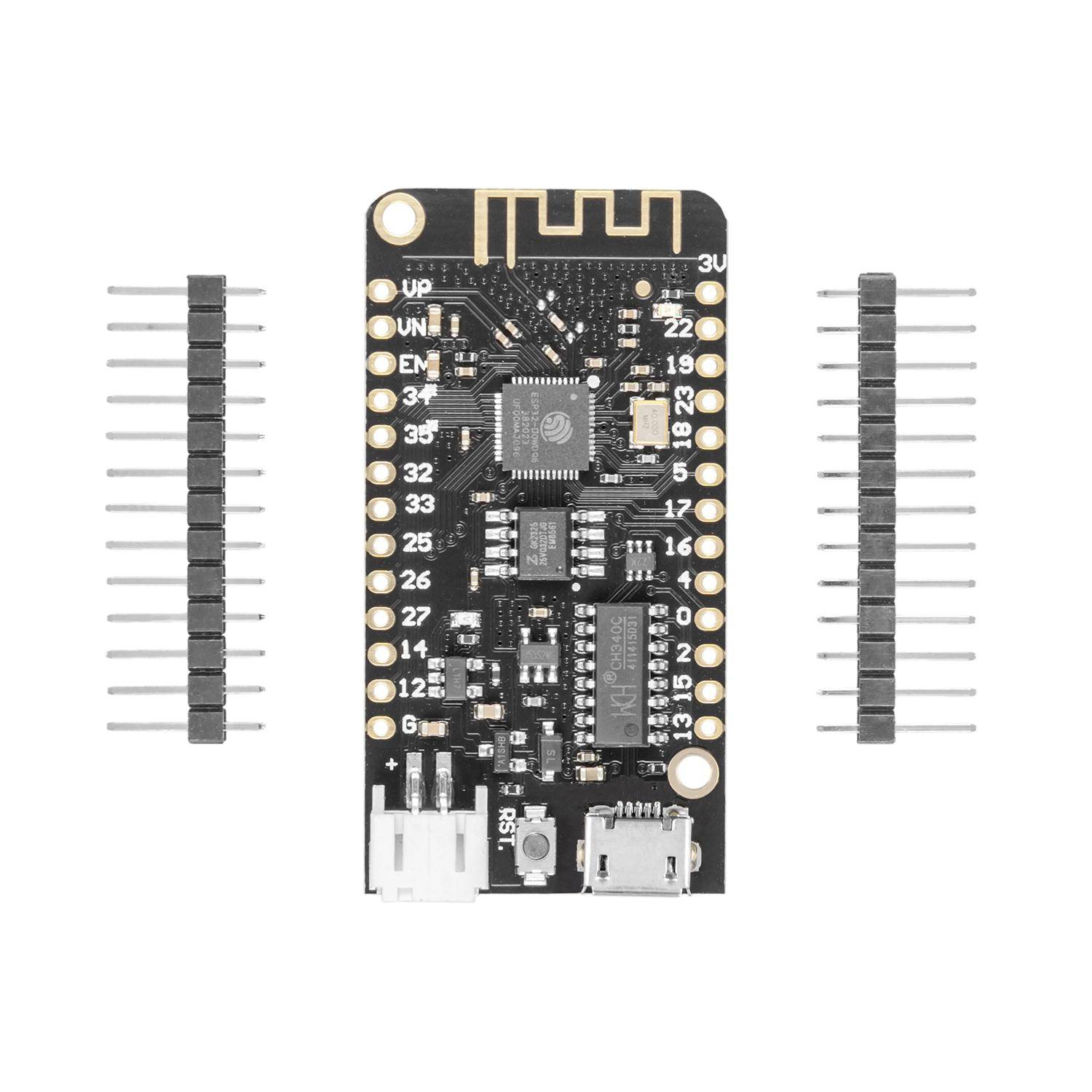 Schwarzes Mikrocontroller-Entwicklungsboard mit Wi-Fi-Antenne, USB-Anschluss, Tasten und zwei losen Stiftleistenstreifen auf beiden Seiten.