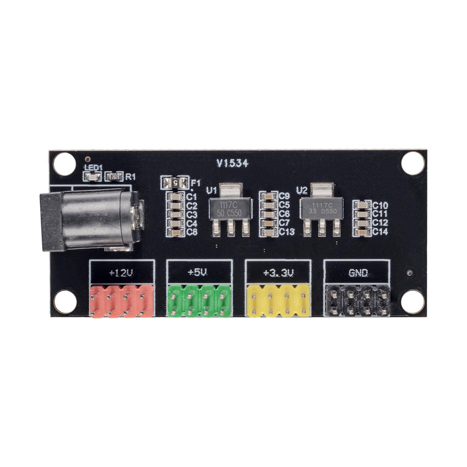 Schwarzes Leiterplattennetzteilmodul mit DC-Hohlstecker und beschrifteten Ausgängen „+12V