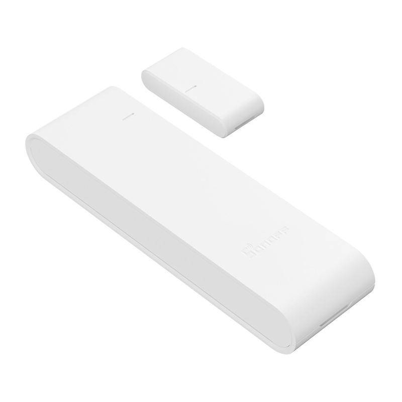 Weißer rechteckiger Bluetooth-Tracker und seine Batteriabdeckung separat auf neutralem Hintergrund dargestellt.