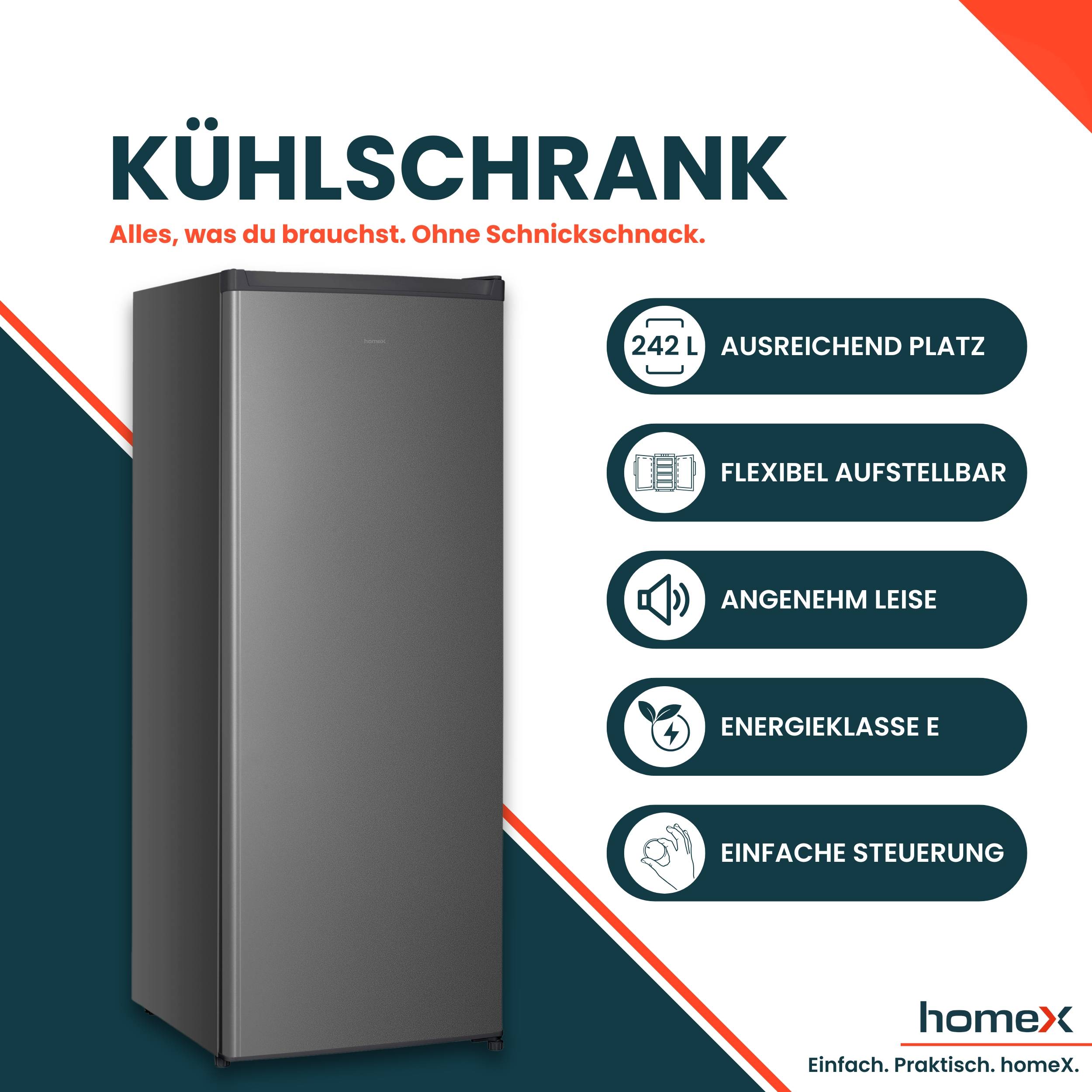 homeX CS2422E-S Kühlschrank ohne Gefrierfach groß, freistehender Vollraumkühlschrank - 242 Liter, 143 cm hoch, silber