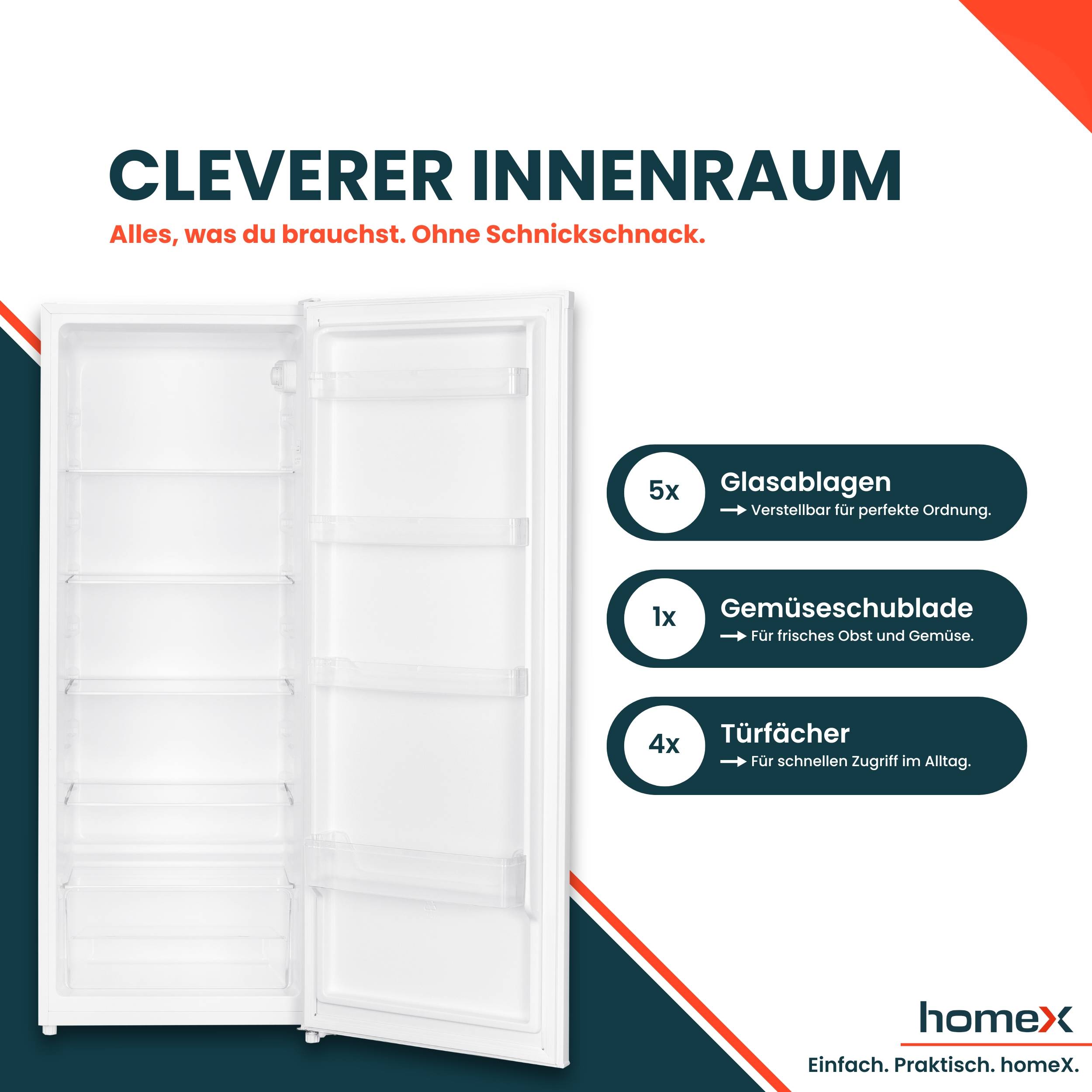 homeX CS2422E-W Kühlschrank ohne Gefrierfach groß, freistehender Vollraumkühlschrank - 242 Liter, 143 cm hoch, weiß
