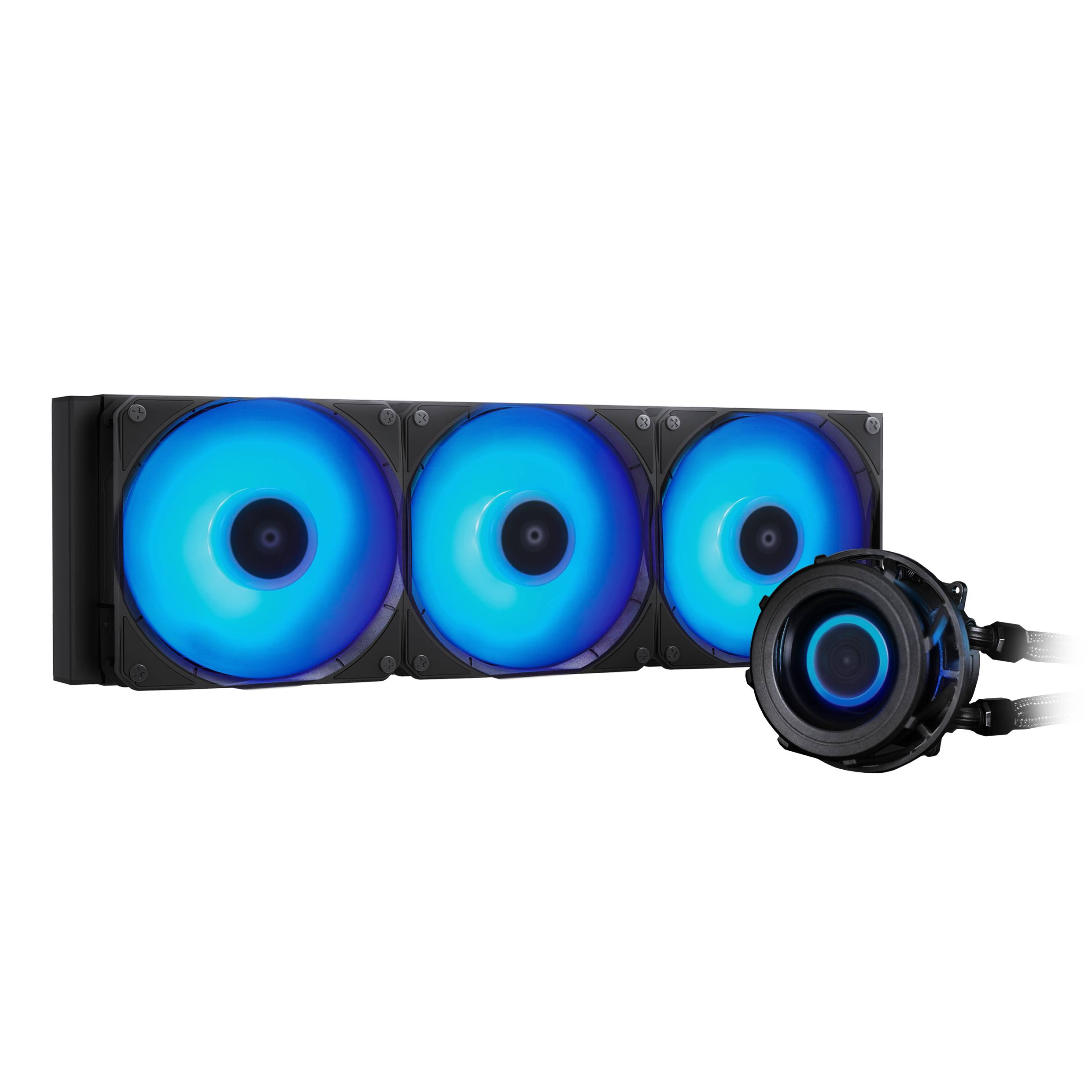 Drei blaue LED-Kühlventilatoren auf einem schwarzen Kühler, mit separatem passendem rundem Pumpenkopf und Kabeln, auf weißem Hintergrund gezeigt.