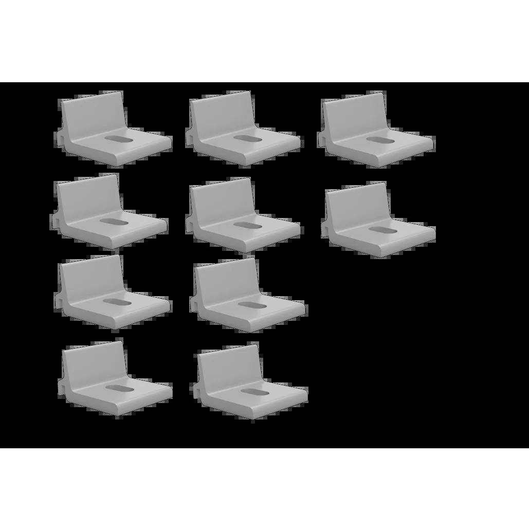 Zehn identische graue 3D-Sitze in Stuhlform, locker in einem Raster auf schwarzem Hintergrund angeordnet.