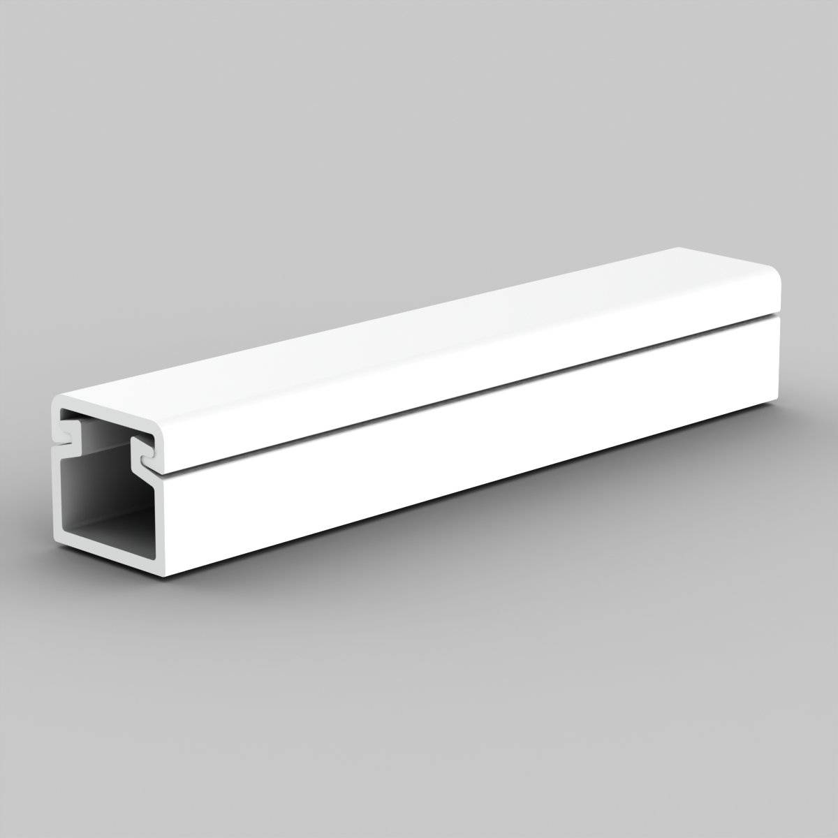 Weißer rechteckiger Metallkanal oder Schiene mit einem hohlen Ende, dargestellt in 3D auf einem einfachen grauen Hintergrund.