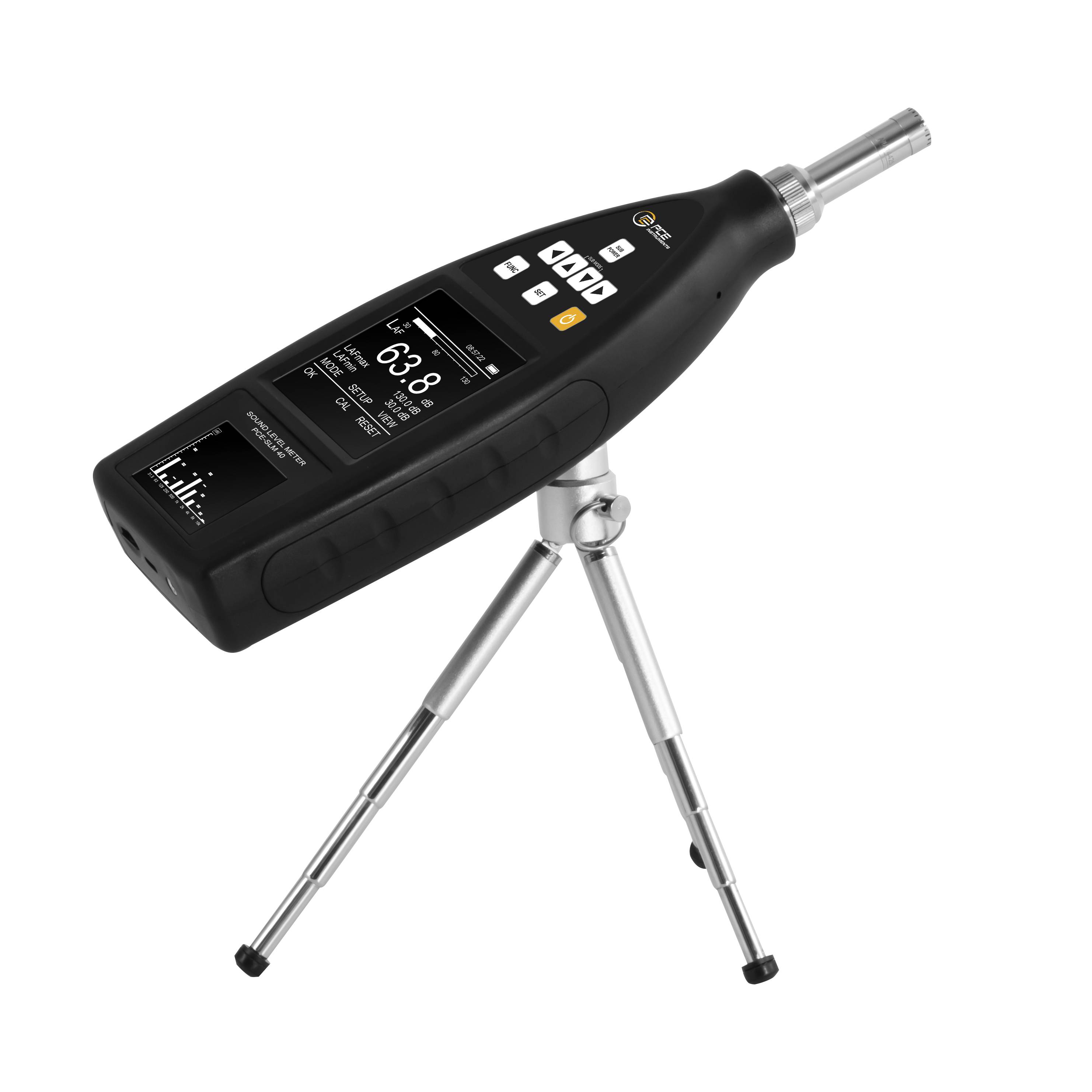 Tragbares digitales Messinstrument auf einem kleinen Stativ mit einer Fühlersonde, wahrscheinlich zur Messung von Schall- oder Umgebungswerten.