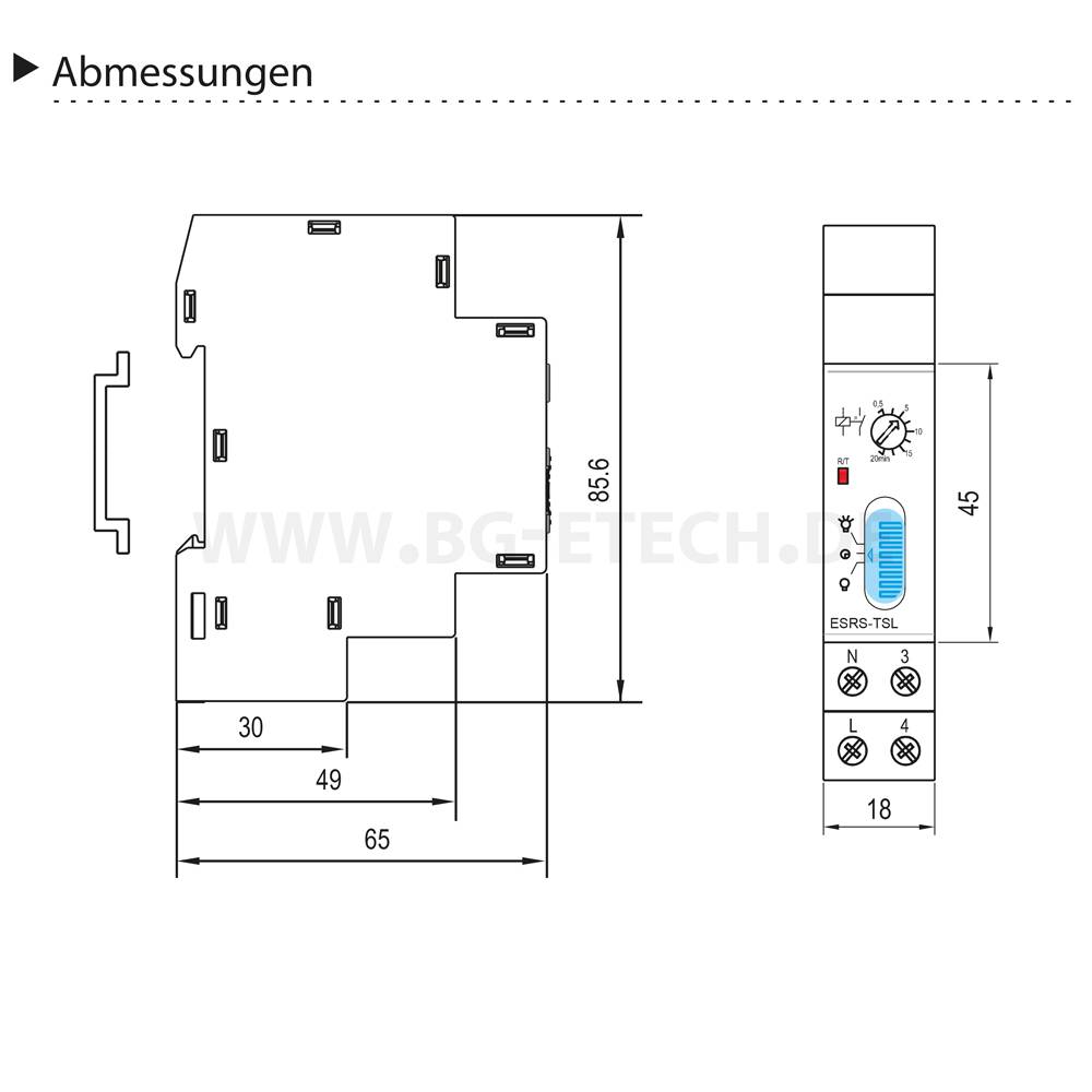 Maßstabgerechte technische Zeichnung eines schlanken modularen Geräts mit Vorder- und Seitenansicht mit Abmessungen von 85,6, 65, 49, 30, 45 und 18 mm.