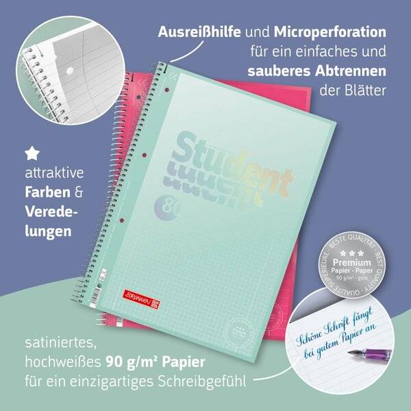 Spiralnotizbuch mit mintgrünem Umschlag, 90 g/m² Papier, perforierte Seiten für einfaches sauberes Abreißen, mit Farb- und Oberflächenakzenten.