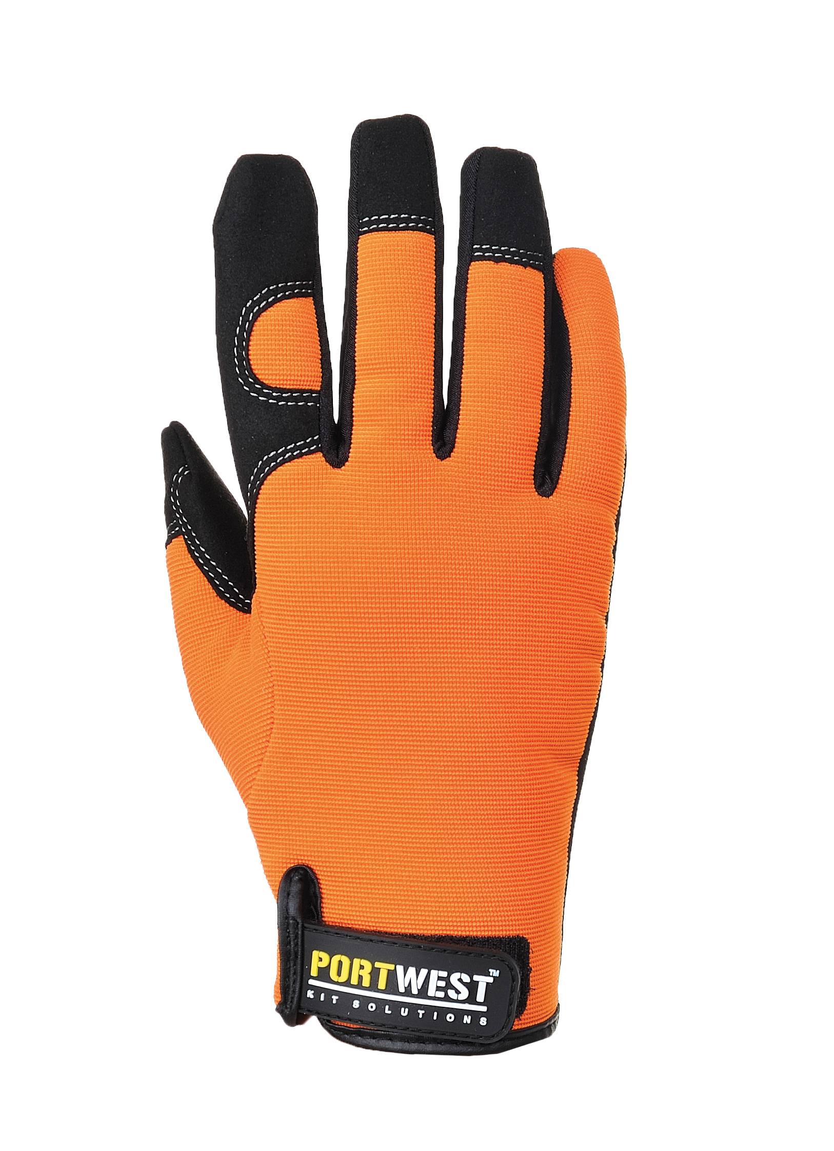 Orange-schwarzer Arbeitshandschuh mit verstärkten Fingerkuppen und „PORTWEST