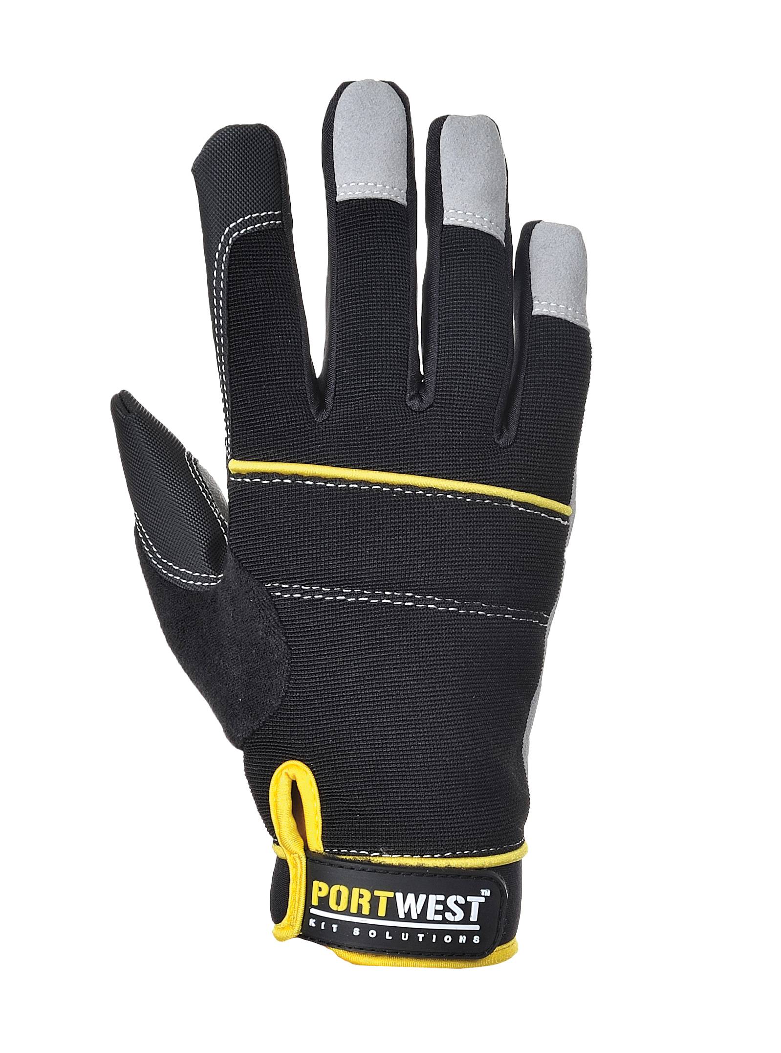 Schwarz-grauer Portwest-Arbeitshandschuh mit gelbem Rand, Handfläche auf weißem Hintergrund gezeigt.
