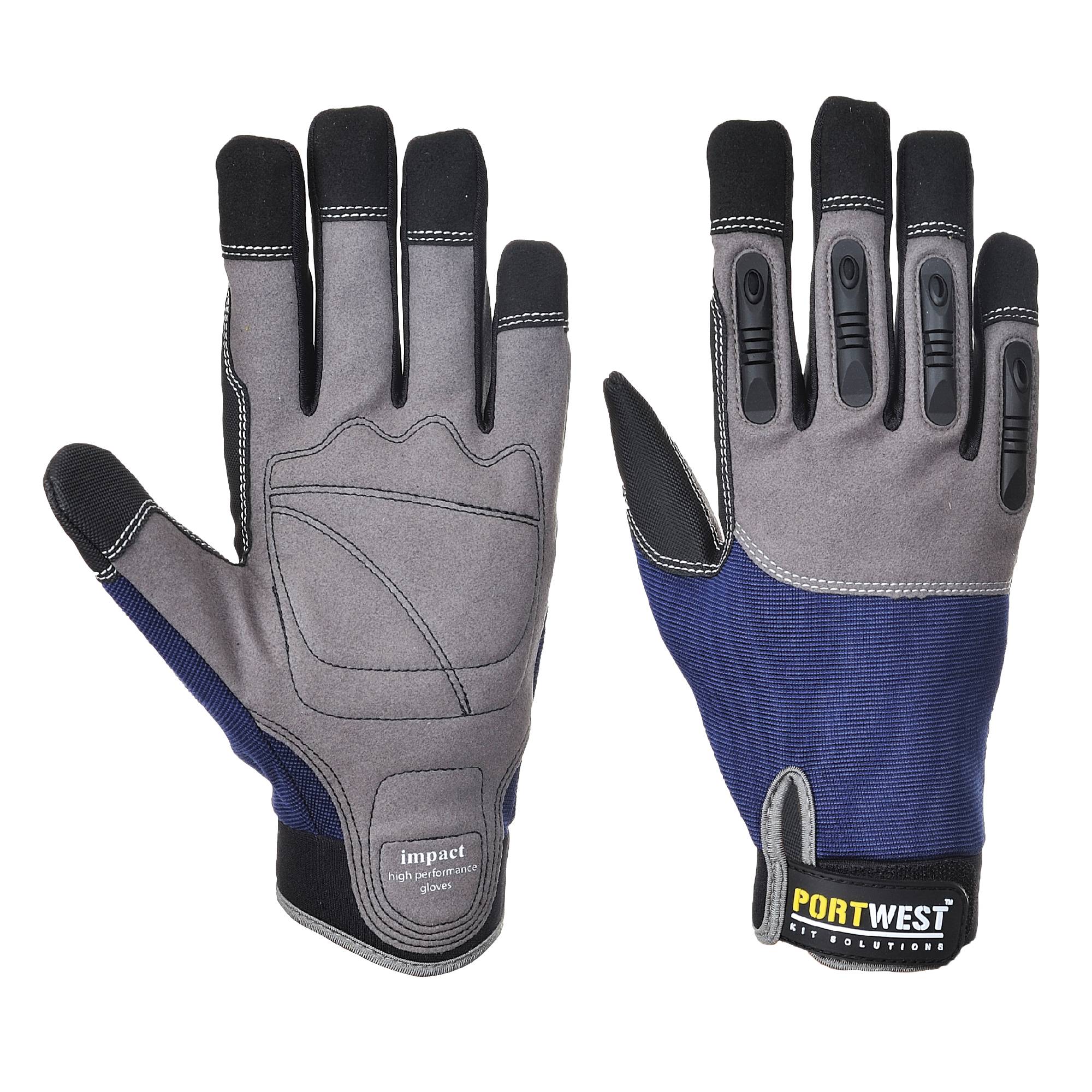 Paar Schutzarbeitshandschuhe, Vorder- und Rückseite gezeigt, grau und blau mit schwarzen Fingerkuppen und Aufprallschutz, Marke Portwest.