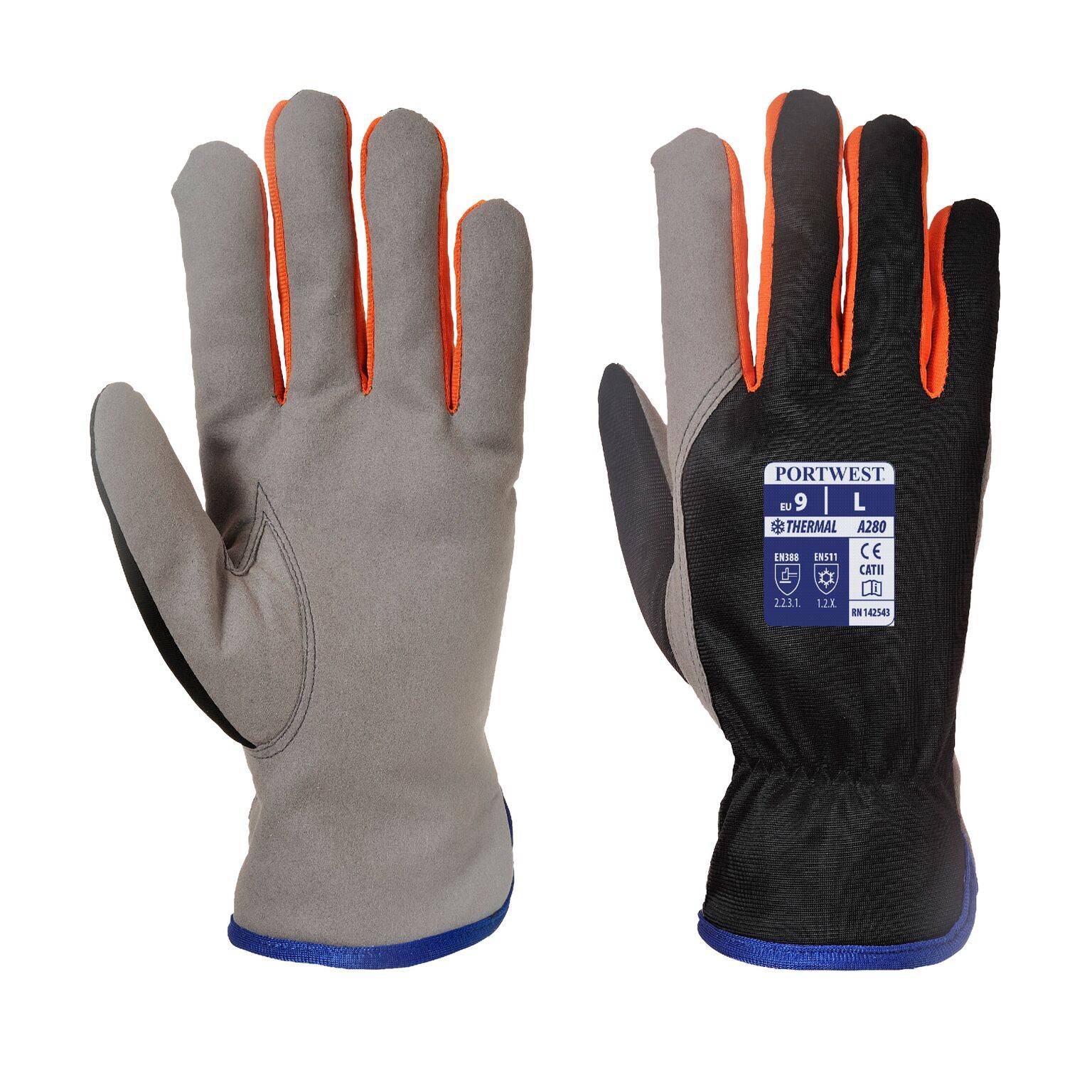 Ein Paar Thermo-Arbeitshandschuhe, dargestellt von vorne und hinten, mit grauer Handfläche und schwarzem Rücken mit orangefarbener Einfassung und einem Portwest-Größenetikett.