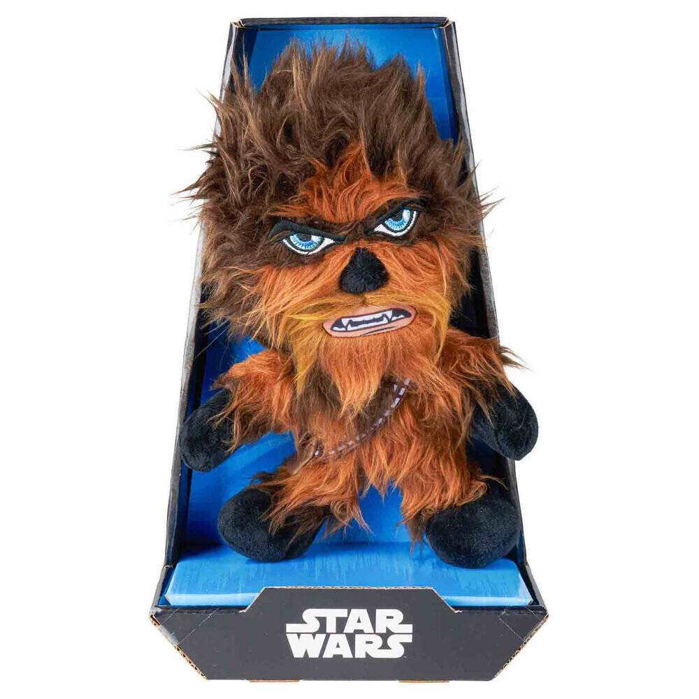 Chewbacca Plüschtier, das in einer blauen Star Wars Einzelhandelschachtel ausgestellt ist.
