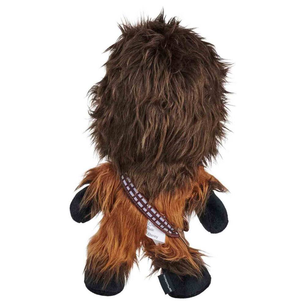 Plüsch-Chewbacca-Spielzeug von hinten gesehen, mit zottigem braunem Fell, schwarzen Füßen und Gliedmaßen und einem Patronengurt über der Schulter.