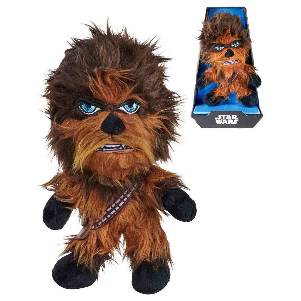 Star Wars Chewbacca Plüschtier mit pelzigem braunem Gesicht, blauen Augen und Bandelier, dargestellt neben seiner Produktverpackung.