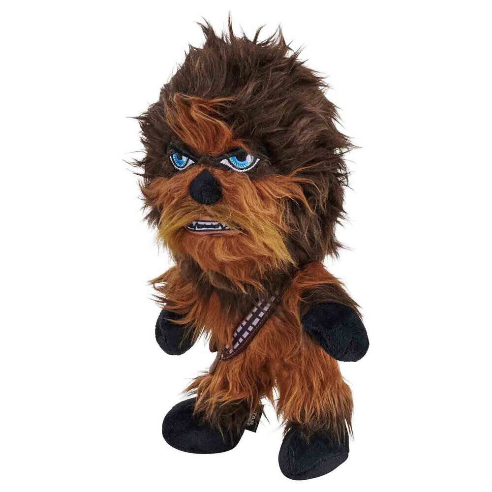 Ein kleines Chewbacca-Plüschtier mit struppigem braunem Fell, blauen Augen, schwarzer Nase und schwarzen Händen und Füßen auf weißem Hintergrund.