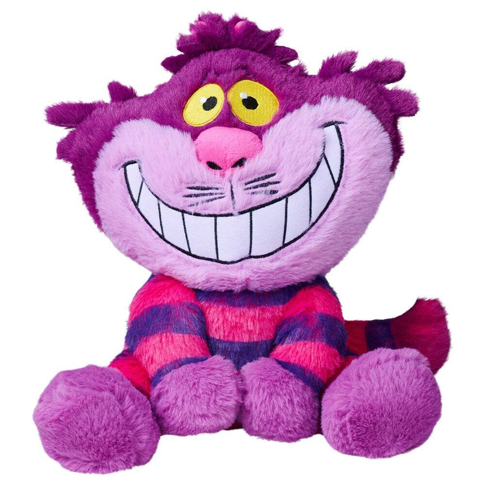 Lila Cheshire-Katze-Plüschtier mit breitem Grinsen, gelben Augen und gestreiftem rosa-violettem Körper, sitzend vor weißem Hintergrund.