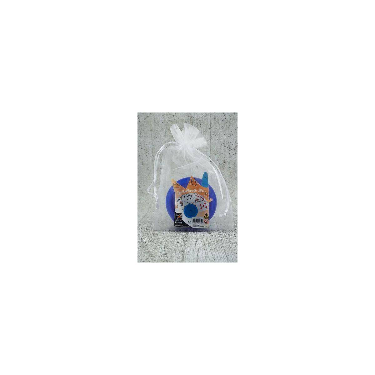 Transparente Geschenktasche mit weißem Zugband enthält ein blau-orange verpacktes Artikel, gezeigt vor grauem Hintergrund.