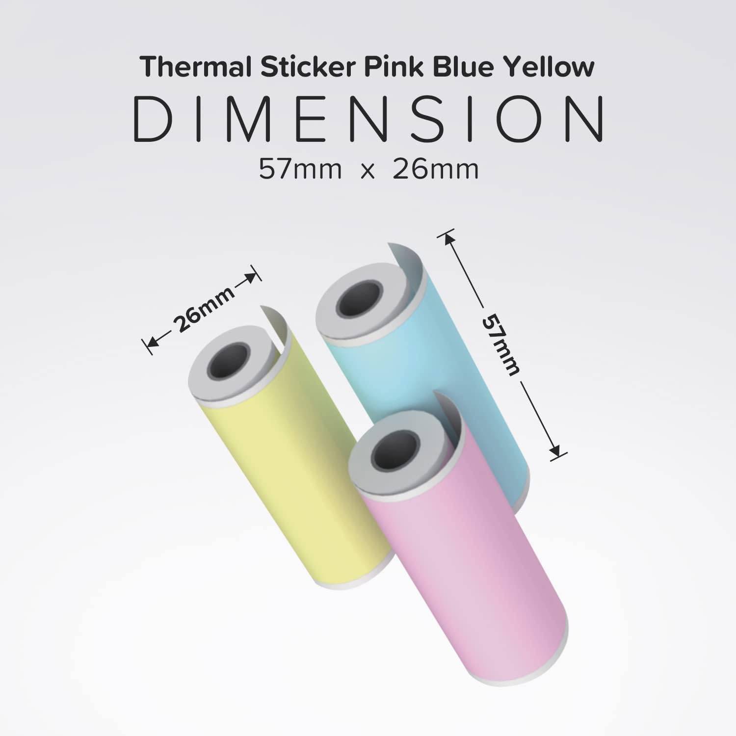Diagramm der Abmessungen einer Thermorolle: 57 mm x 26 mm, dargestellt in rosa, blauen und gelben Rollen mit Messspfeilen.