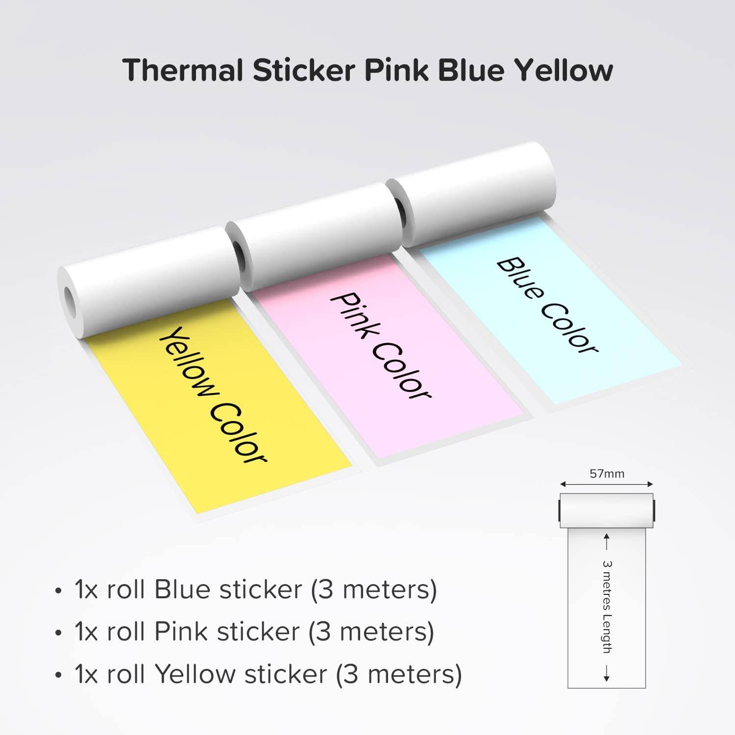 Drei Thermotransfer-Etikettenbänder mit den Aufschriften Gelbe Farbe, Rosa Farbe und Blaue Farbe, jeweils 3 Meter lang, mit dem Titel „Thermotransfer-Etikett Rosa Blau Gelb